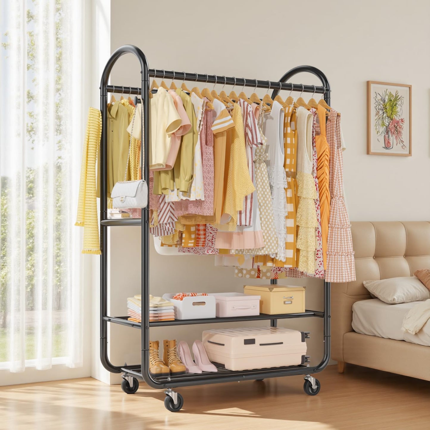 EAGMAK Heavy Duty Clothing Racks for Hanging Clothes 720 Lbs, Rolling Clothes Rack Double Rod Garment Rack with Lockable Wheels, Metal Closet Organizer for Bedroom, Laundry, Retail, Black