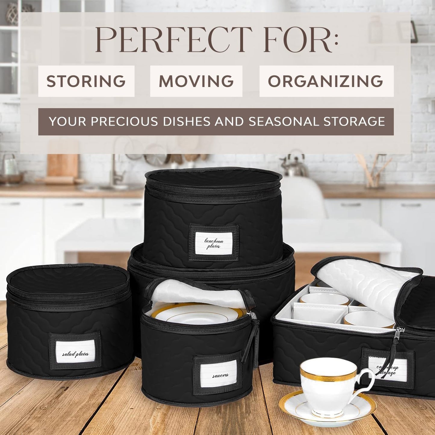 China Storage Containers 5-Piece Set - Sturdy Quilted Microfiber Dish Organizer for Dinnerware, Black