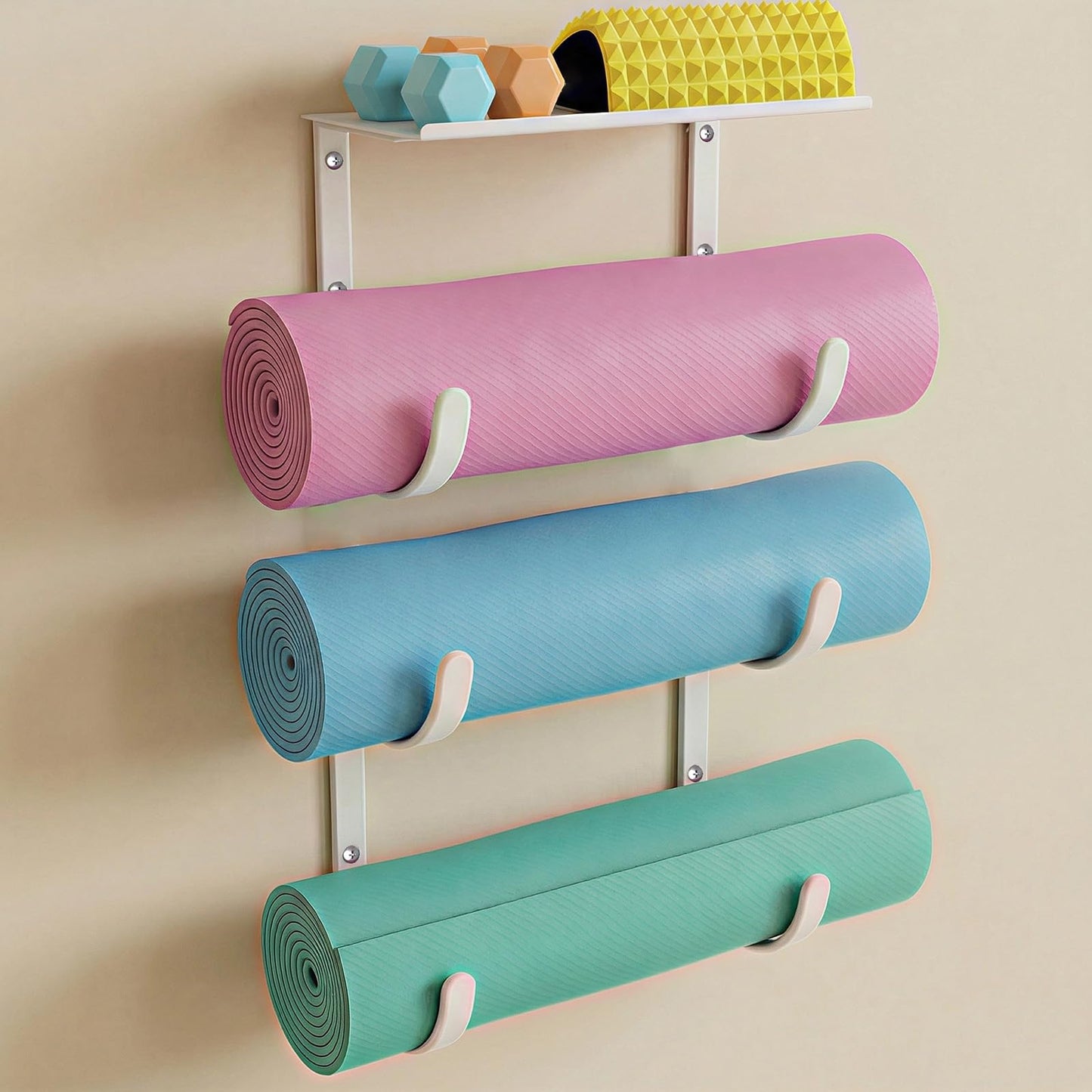 KOMOHOM Yoga Mat Holder Wall Mount, No-Tie Pilates Mat Storage Rack with Top Floating Shelf, 4-Tiers Holding Yoga Blocks/Rollers and Exercise Mat, Workout Mat, Home Gym Equipment Accessories