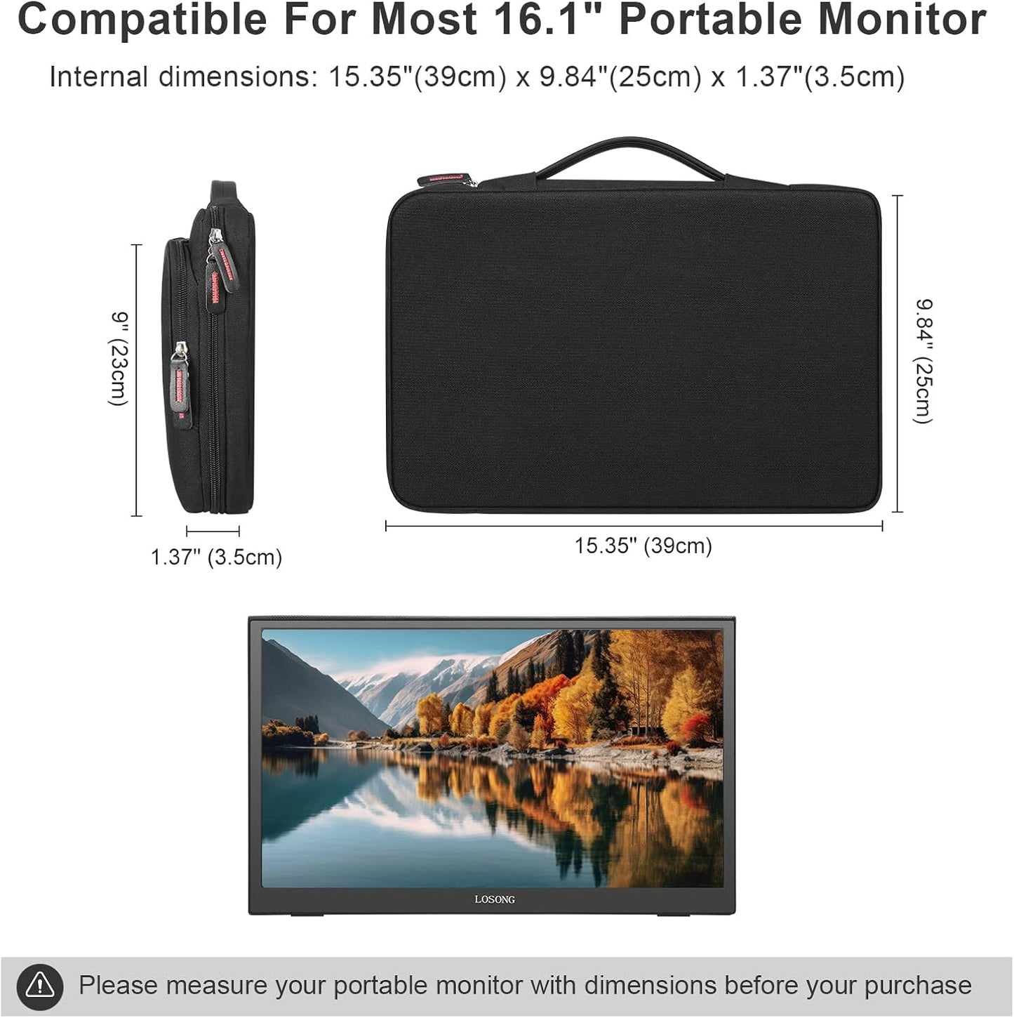 Losong 16.1/15.6 Inch 15.6 inch Portable Monitor Case, Laptop Protective Carrying Cover with PU Handle, Large Accessory