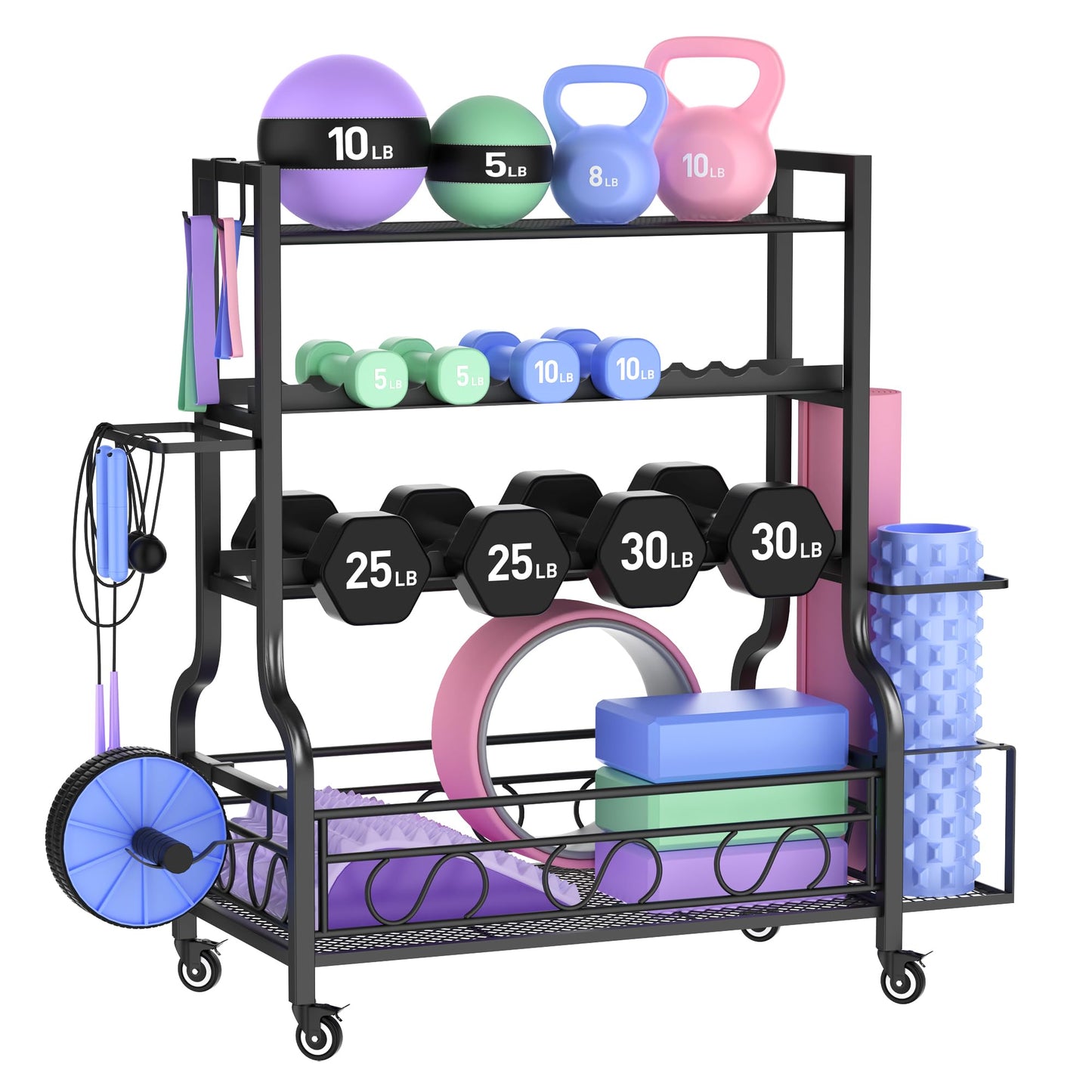 Dumbbell Weight Rack, Home Gym Storage for Kettlebells Yoga Mat and Balls, All in One Workout Storage with Wheels and Hooks, Powder Coated Finish Steel