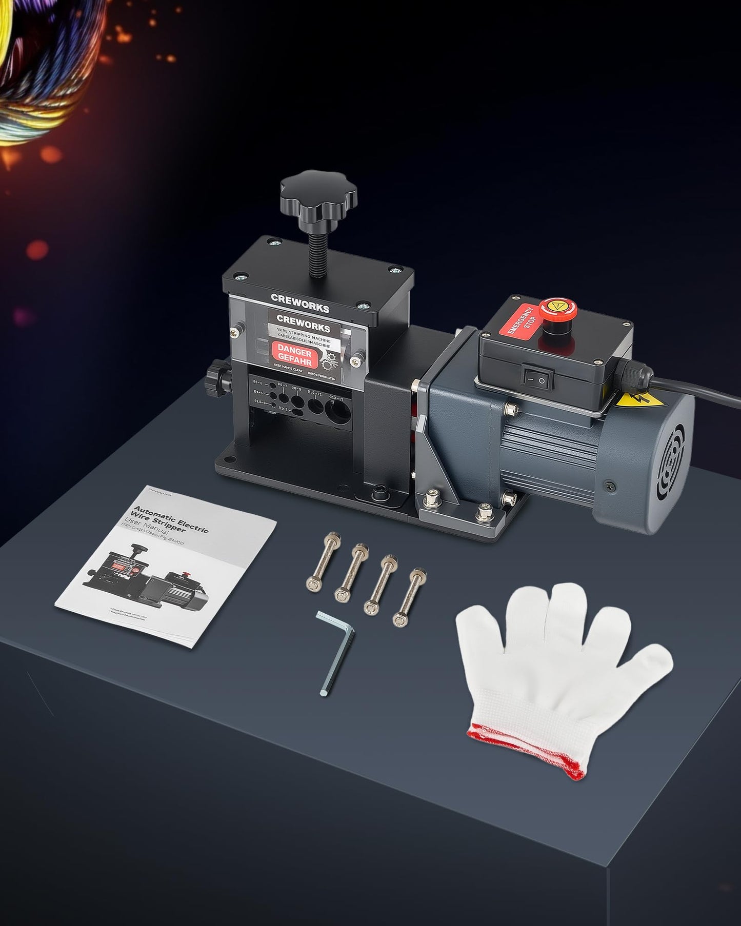 CREWORKS Automatic Wire Stripper Machine, 8 Channel Electric Wire Stripping Machine for 0.06 to 0.67 in. Copper Wires, Electric Cable Stripper Machine with 5 Blades and All-Copper Motor for Recycling