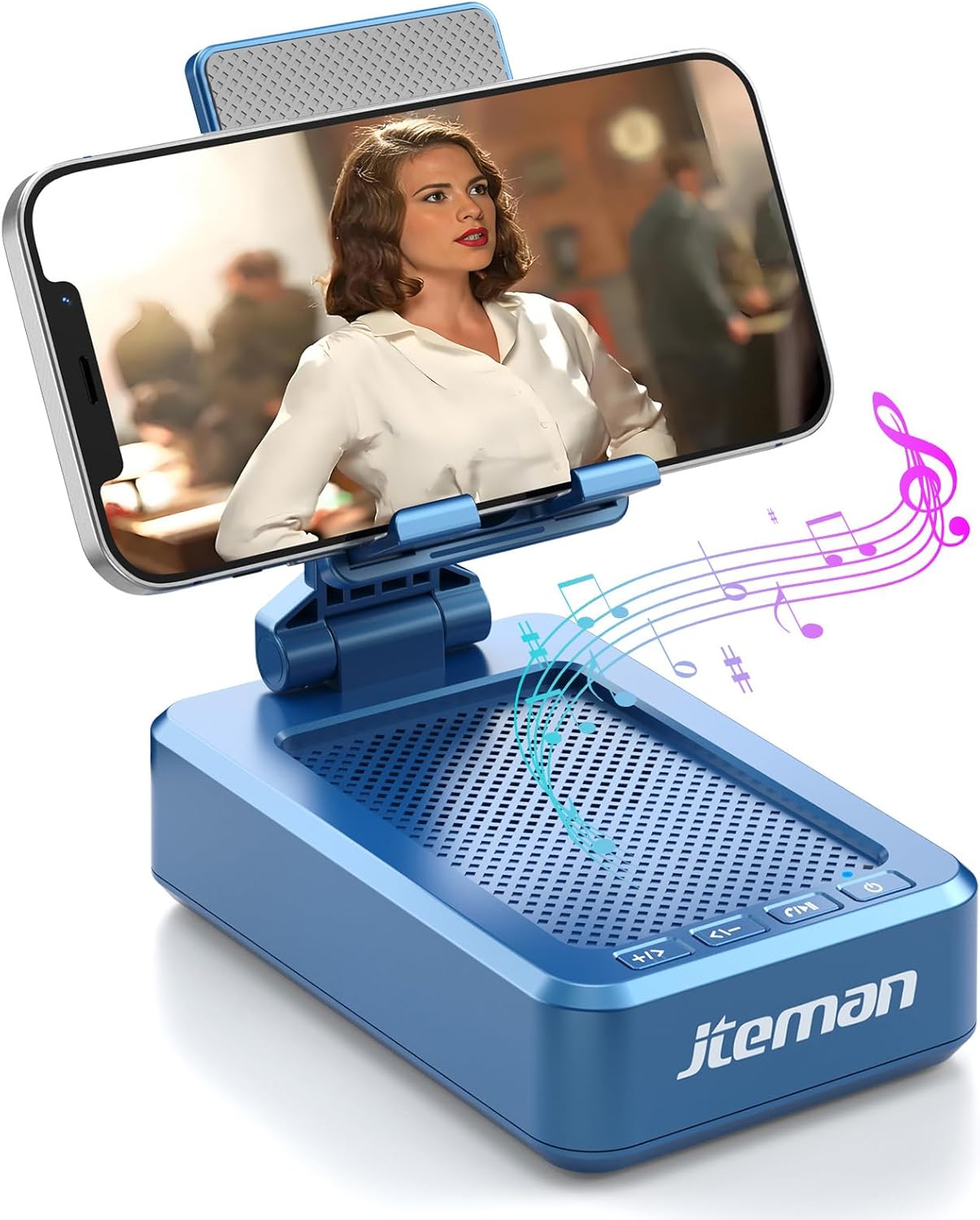 JTEMAN Cell Phone Stand with Bluetooth Speaker, HD Stereo Sound & Anti-Slip Base, Foldable Adjustable Desktop Phone