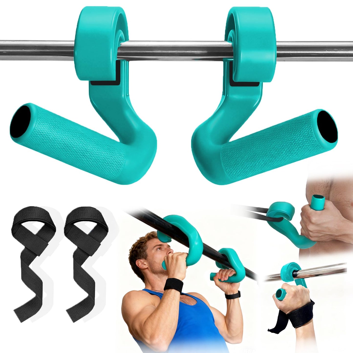 45/90 degree Neutral Grip Pull Up Handles with Lifting Straps - Heavy Duty Angled Barbell Grips & Pull Up Bar Grips for Home Gym, Deadlifts, Rows - Relieve Wrist & Shoulder Stress (Blue, 45°)