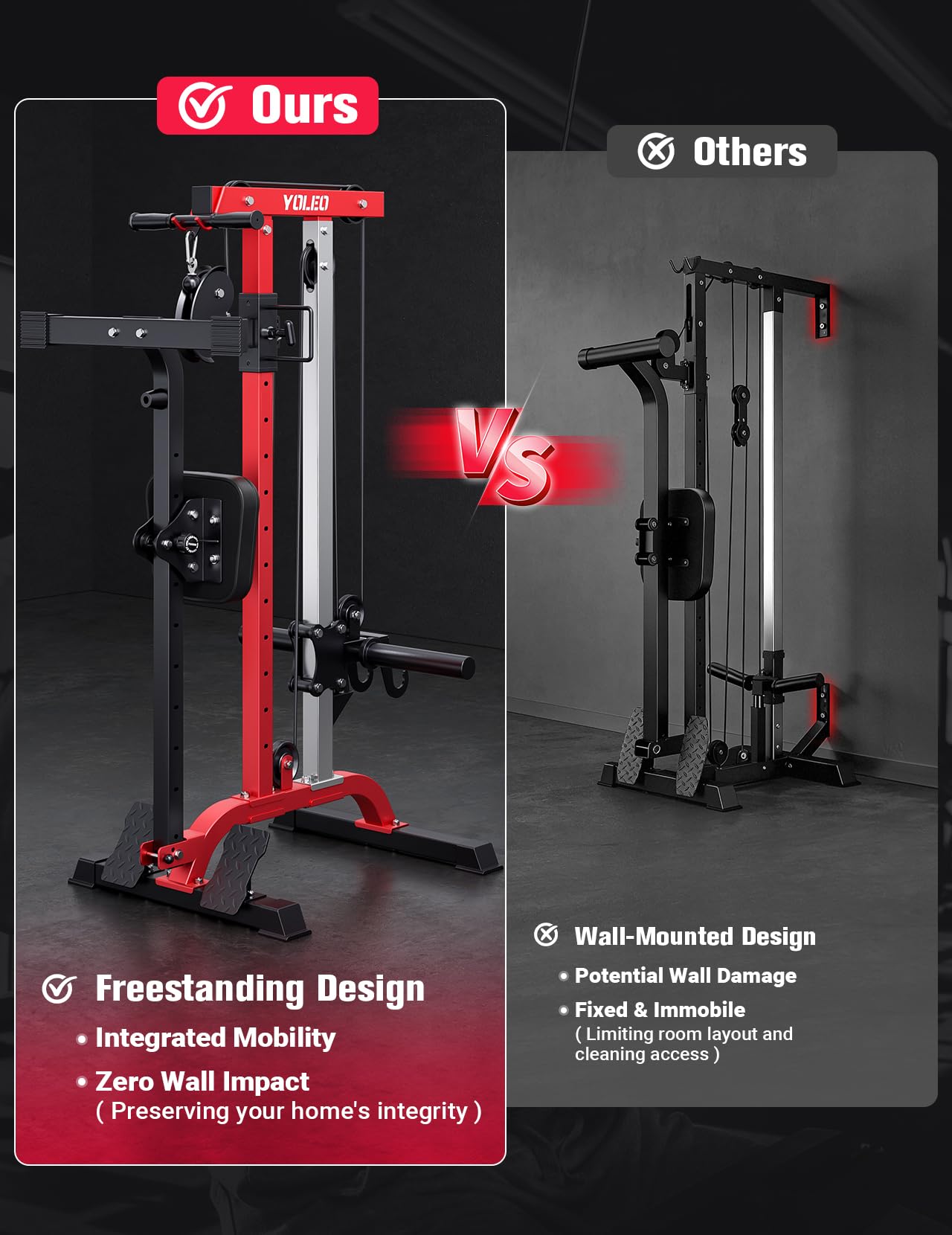 YOLEO Cable Machine Home Gym 2 in 1, Rowing Machine & LAT Pulldown Station with High/Low Pulley, 450 Lbs Loaded, Foldable Compact Design, Includes LAT Bar & Tricep Rope