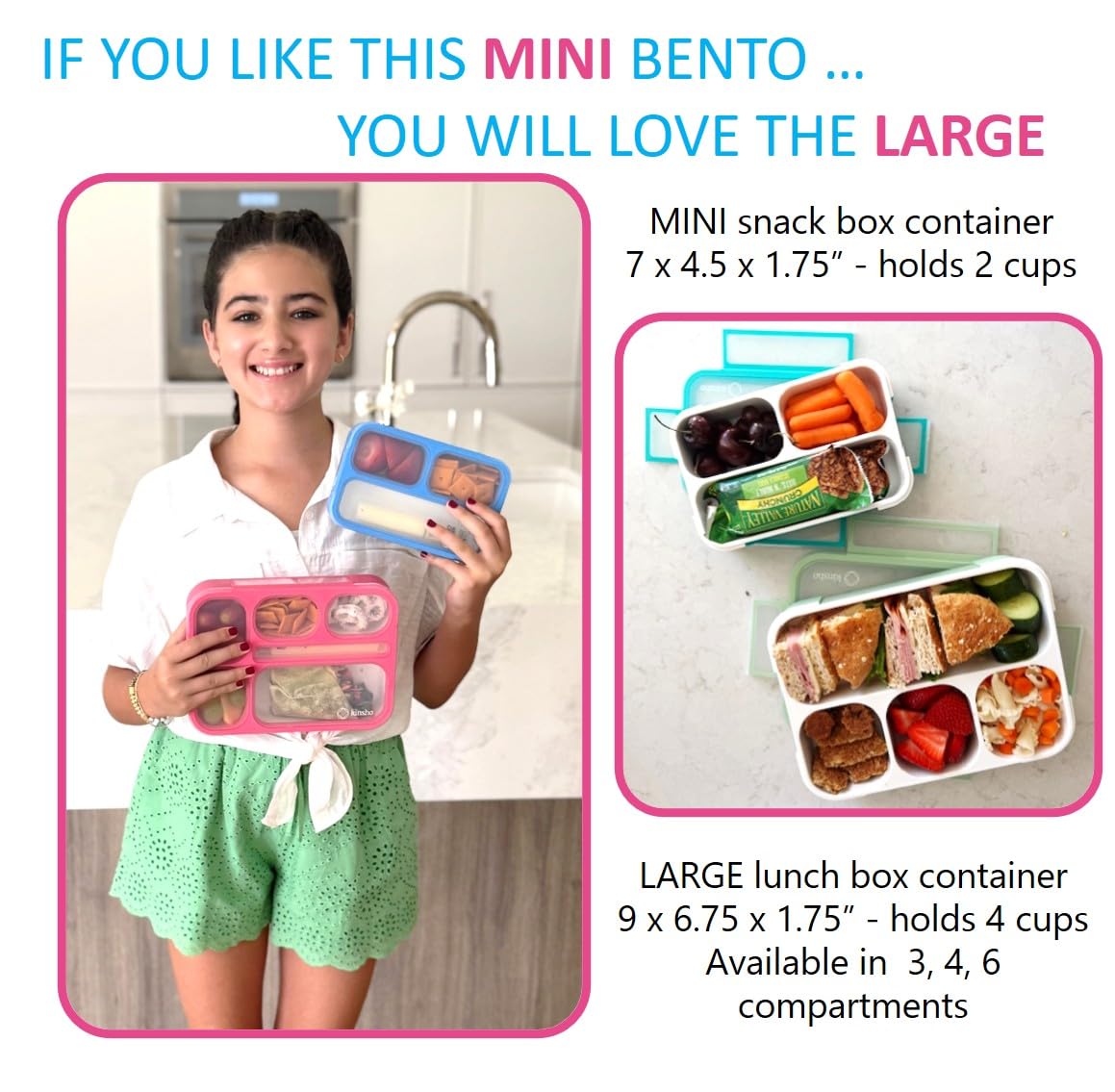 Small Snack Containers for Kids Toddlers - 3 Compartments (Set of 2) - Leak-Proof Reusable Boxes with Lids -BPA-Free Plastic Mini Bento Lunch Box - Ideal for School, Daycare - Holds 2 Cups (Pink+Blue)