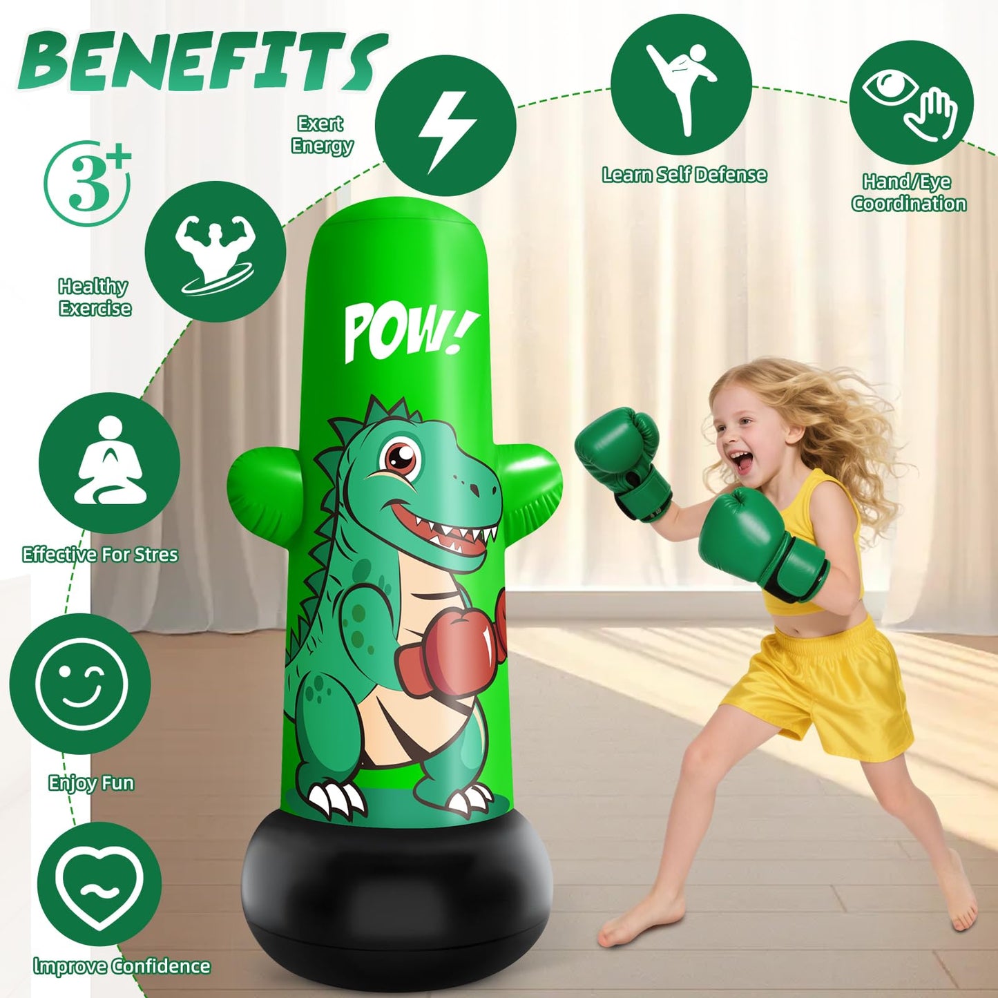 Inflatable Dino Punching Bag for Kids, 47” Tall Bop Bag Punching Toy, Inflatable Dinosaur Toy with Bounce- Back Action for Ages 3-8, Great for Boys and Girls