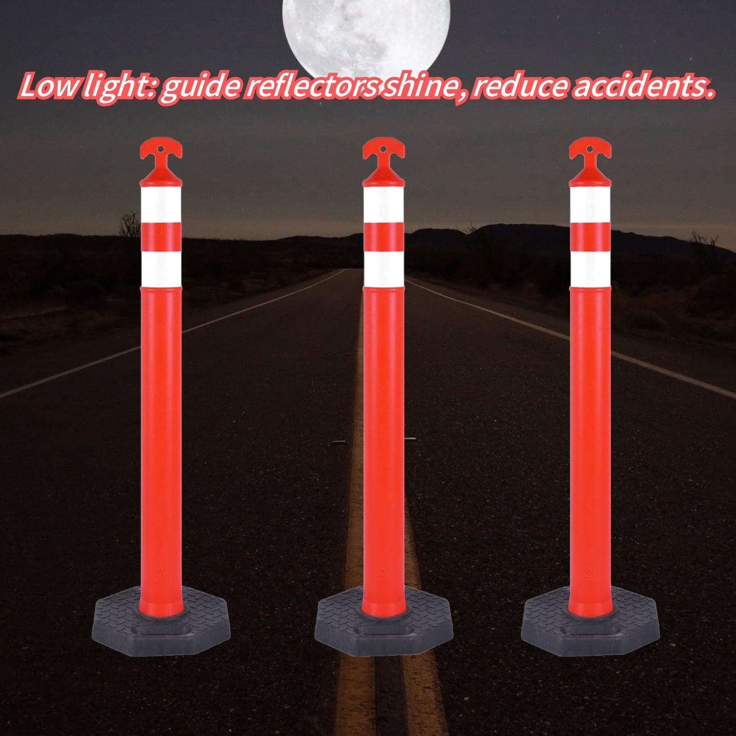 OranclUS Reflective Rubber Base Traffic Delineator Post - Heavy-Duty Safety Bollards for Parking Lot Markers, Road Construction, Driveway Warning - with Reflective Strips (6 Pack - 42 Inch)