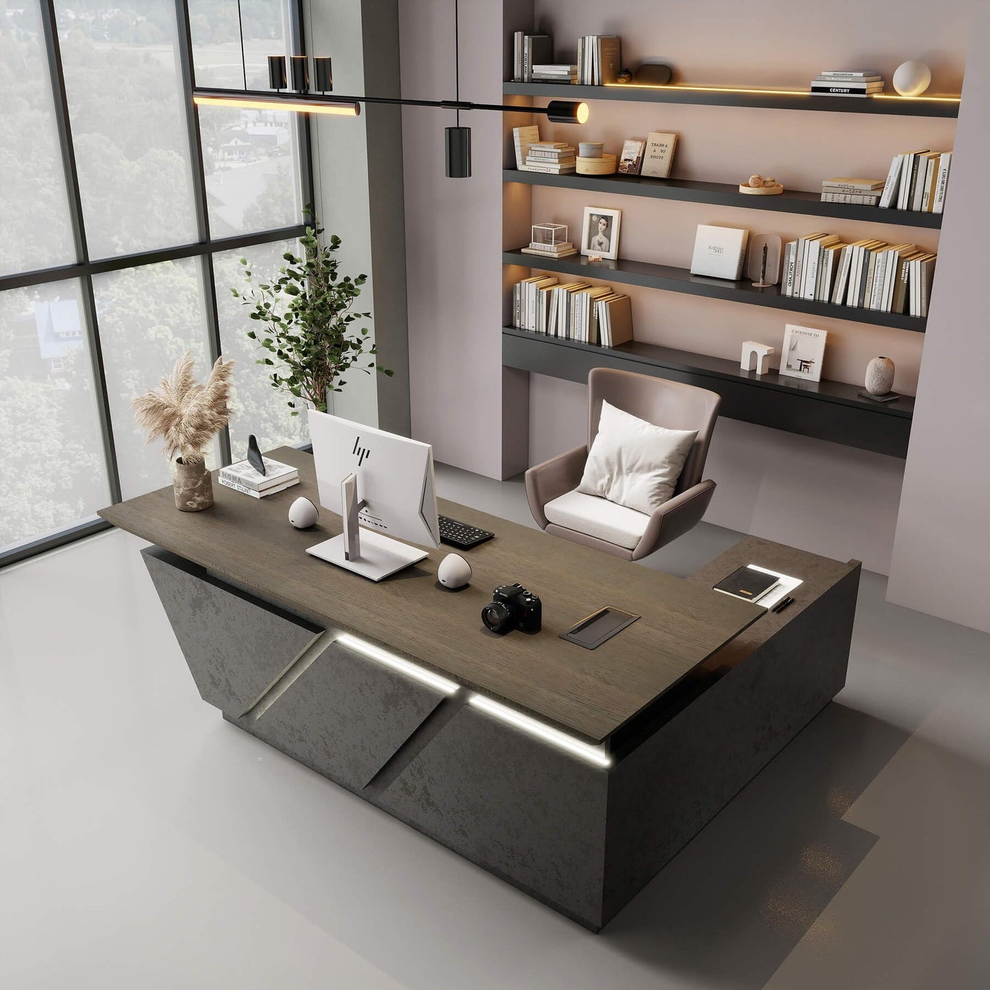 Modern Executive Desk - Adjustable Height L-Shaped Executive Desk with Drawers & File Cabinet, Black Luxury Home Office Desk, Standing Desks Business Workstation with Universal Charging Port, 78.74 In