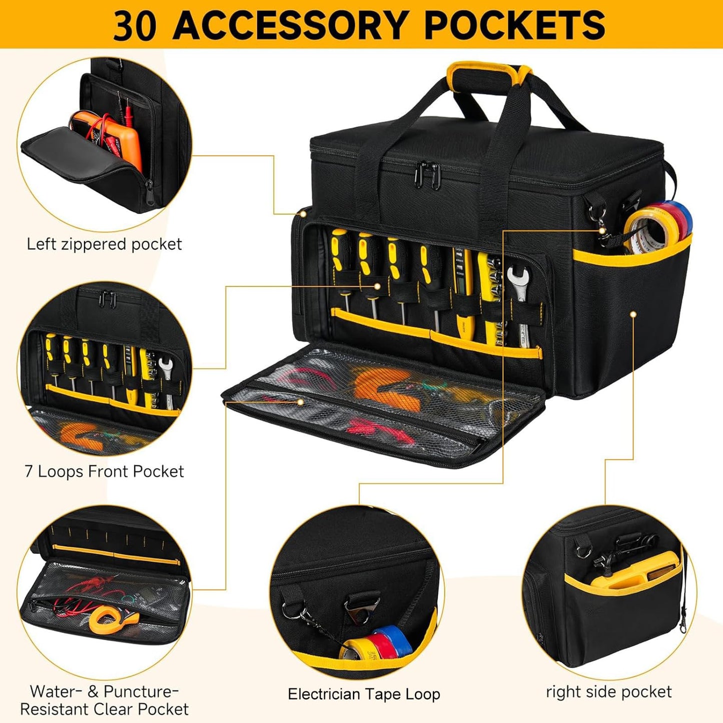 Tool Bag 15 Inch,Heavy Duty Tool Organizer,Tactical Range Tool Tote,30 Pockets & Anti-Friction Bottom,Water-Resistant,Tool Box for Him Dad Men,Electrician,Carpenter,Repairman,Ideal Gift for Father
