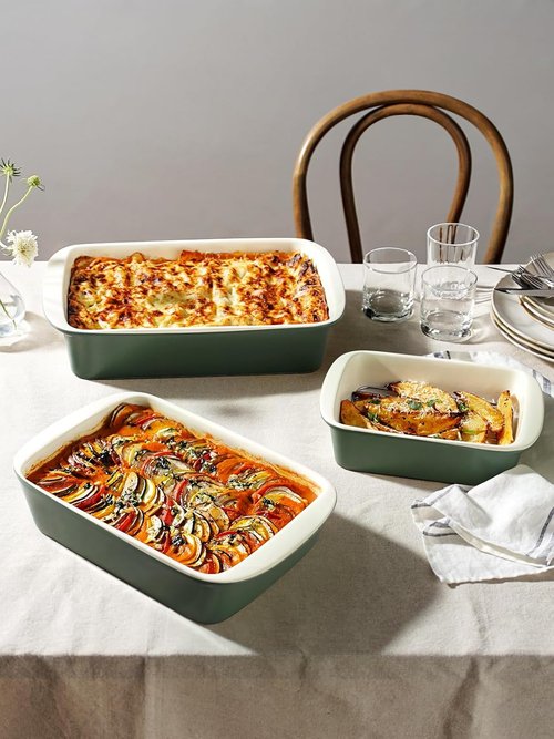 LE TAUCI Deep Casserole Dishes - Large Ceramic Baking Dish Set with Roasting Racks | Forest Green, 3-Piece Set (4.6QT/3.0QT/1.6QT)