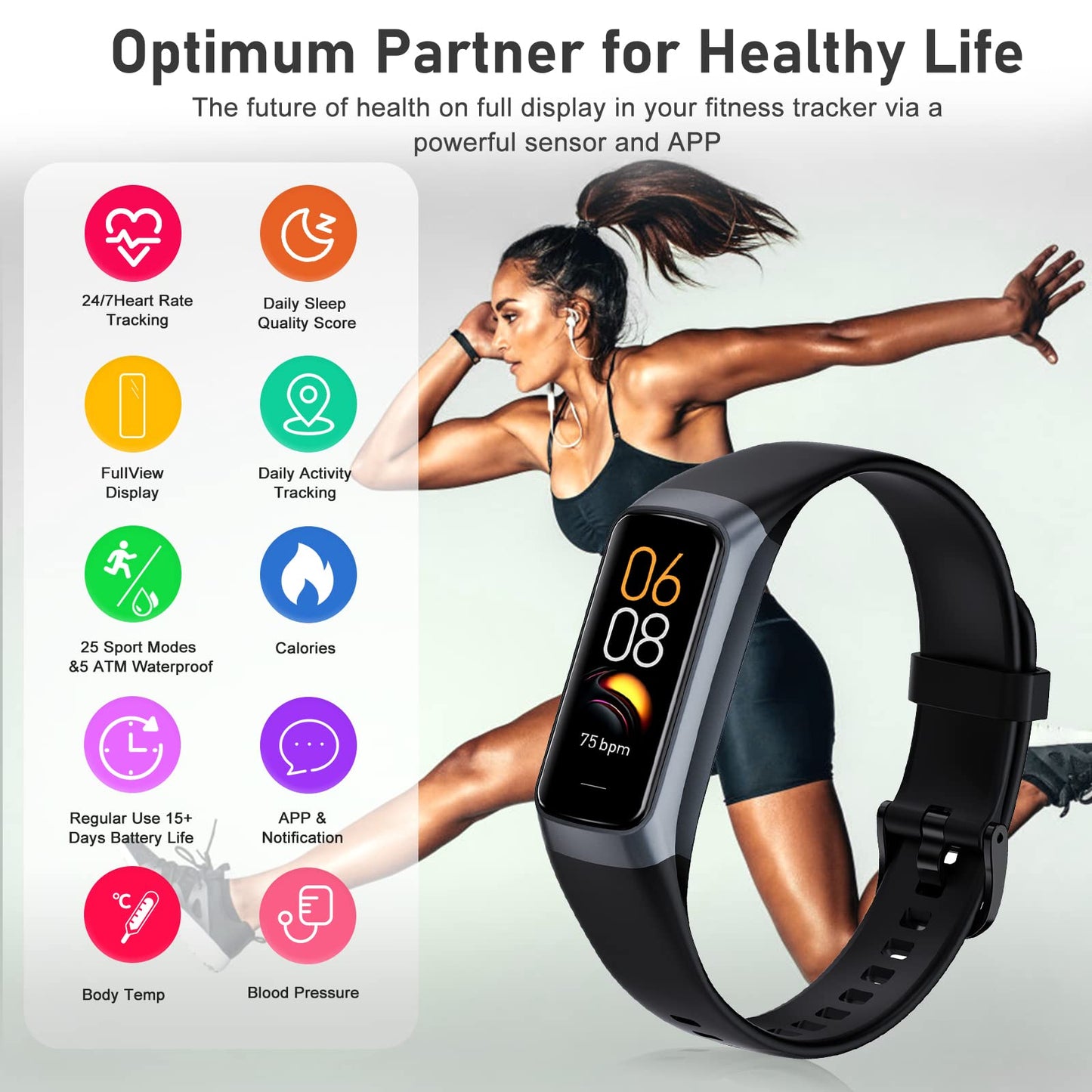 Zeacool Fitness Tracker with 24/7 Heart Rate, Blood Oxygen Blood Pressure Sleep Monitor, Activity Trackers 5 ATM Waterproof,Step Calorie Counter Pedometer Health Smart Watch for Women Men (Black)
