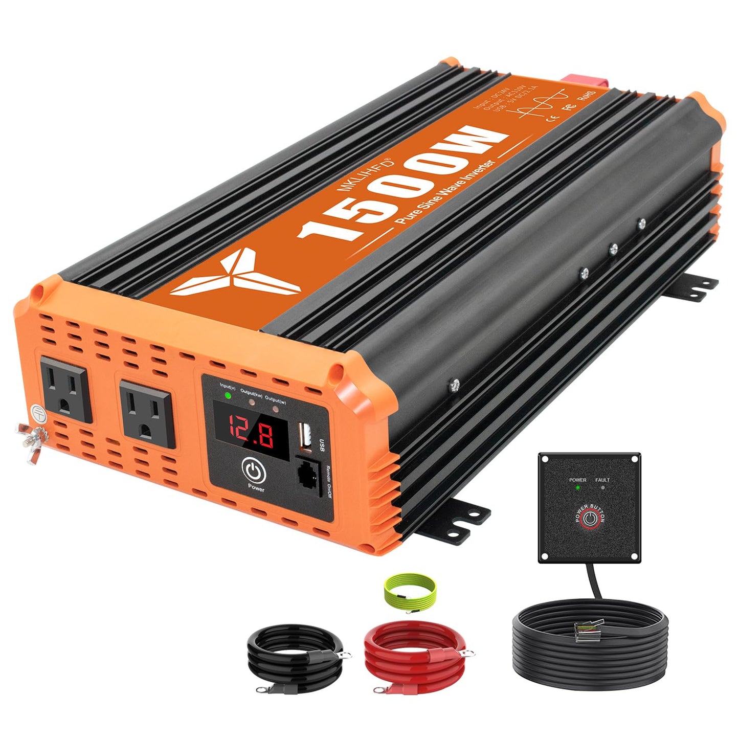 MKLIHFD 1500 Watt Pure Sine Wave Power Inverter 24V DC to 120V AC, 3000W Surge Peak Power, Inverter for RV, Truck, Solar, Campers with 2 AC Outlet, 5V 2.0A USB, Remote Control Compatible with Lithium