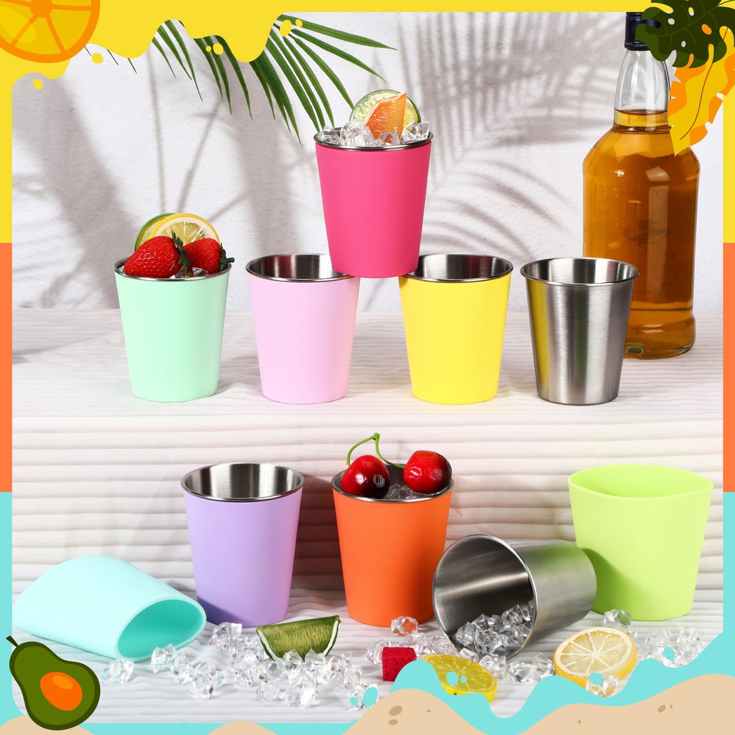 Singhoow 8 Pack Stainless Steel Cups for Kids 10 oz Colorful Toddler Tumbler with Silicone Sleeves Unbreakable Stackable Rainbow Metal Cup Drinking Glass for Summer Party Spring Camping Beach Outdoor