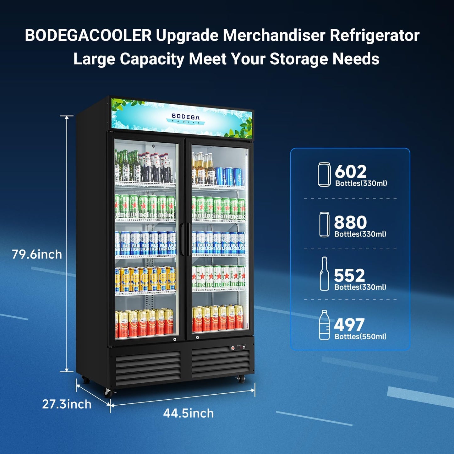 BODEGA BODEGACOOLER 35.4 Cu. Ft Commercial Beverage Refrigerator, 2 Glass Door Merchandiser Cooler Display Refrigerator with LED Lighting, Adjustable Shelves, Temperature Control and Casters, Black