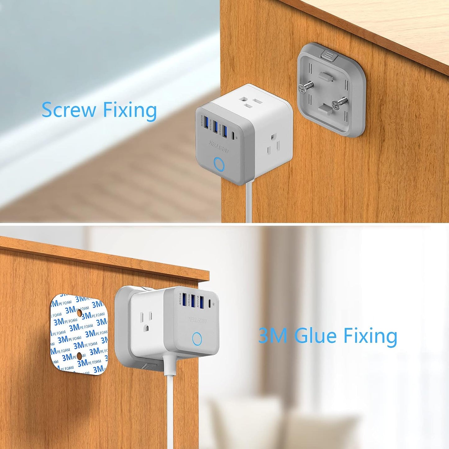 BESTEK 20W 3 3 5ft European Travel Plug Adapter, Power Strip with USB C PD and USB Ports, Side Wide Outlet Extender, EU
