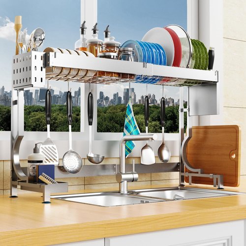 MINGLING Over Sink Dish Drying Rack Kitchen Dish Rack Over Sink Height & Width Adjustable Large Over Sink Dish Drainer Rack Full Stainless Steel (W21.2-37"~ H18.5-22" Silver)