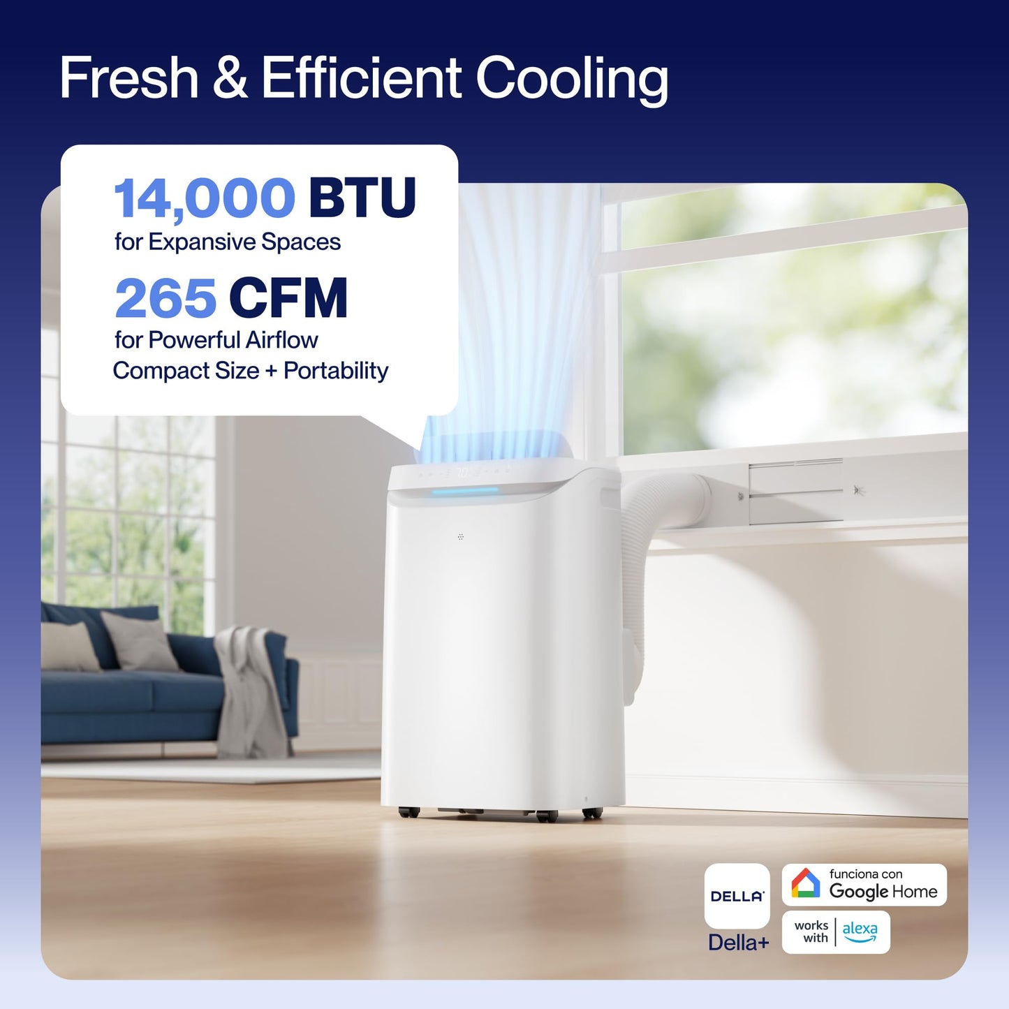 DELLA Sylro Series Smart Portable Air Conditioner, 14,000 BTU Drainage-Free Energy Efficient Cooling AC Units, 49dB Quiet for Bedroom, WiFi App/Voice/Remote Control, Fits 20.5"–67.3" Windows