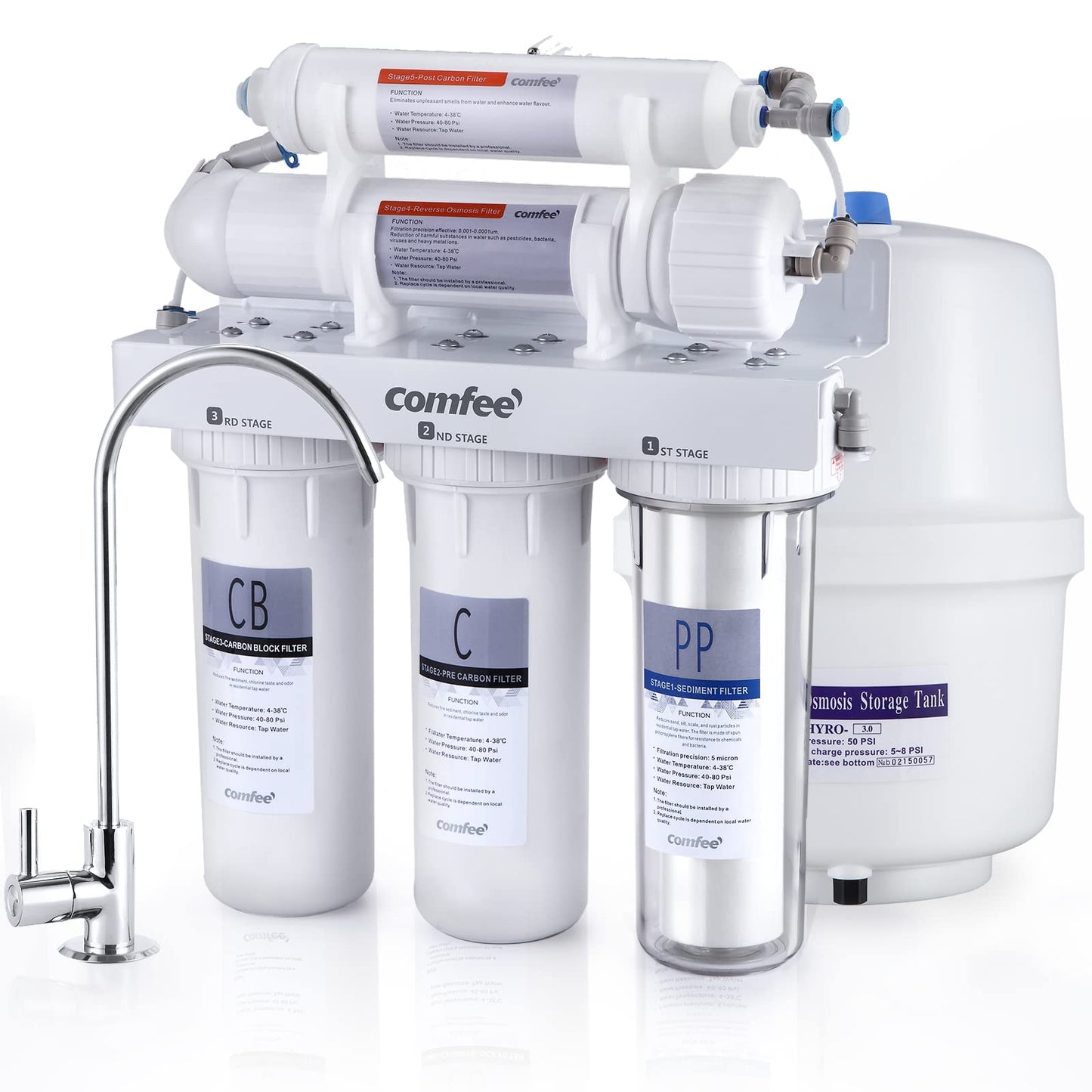 COMFEE’ 5-Stage Reverse Osmosis System, NSF Certified Water Filte & APEC Water Systems Tank-4 4 Gallon Residential Pre-Pressurized Reverse Osmosis Water Storage Tank