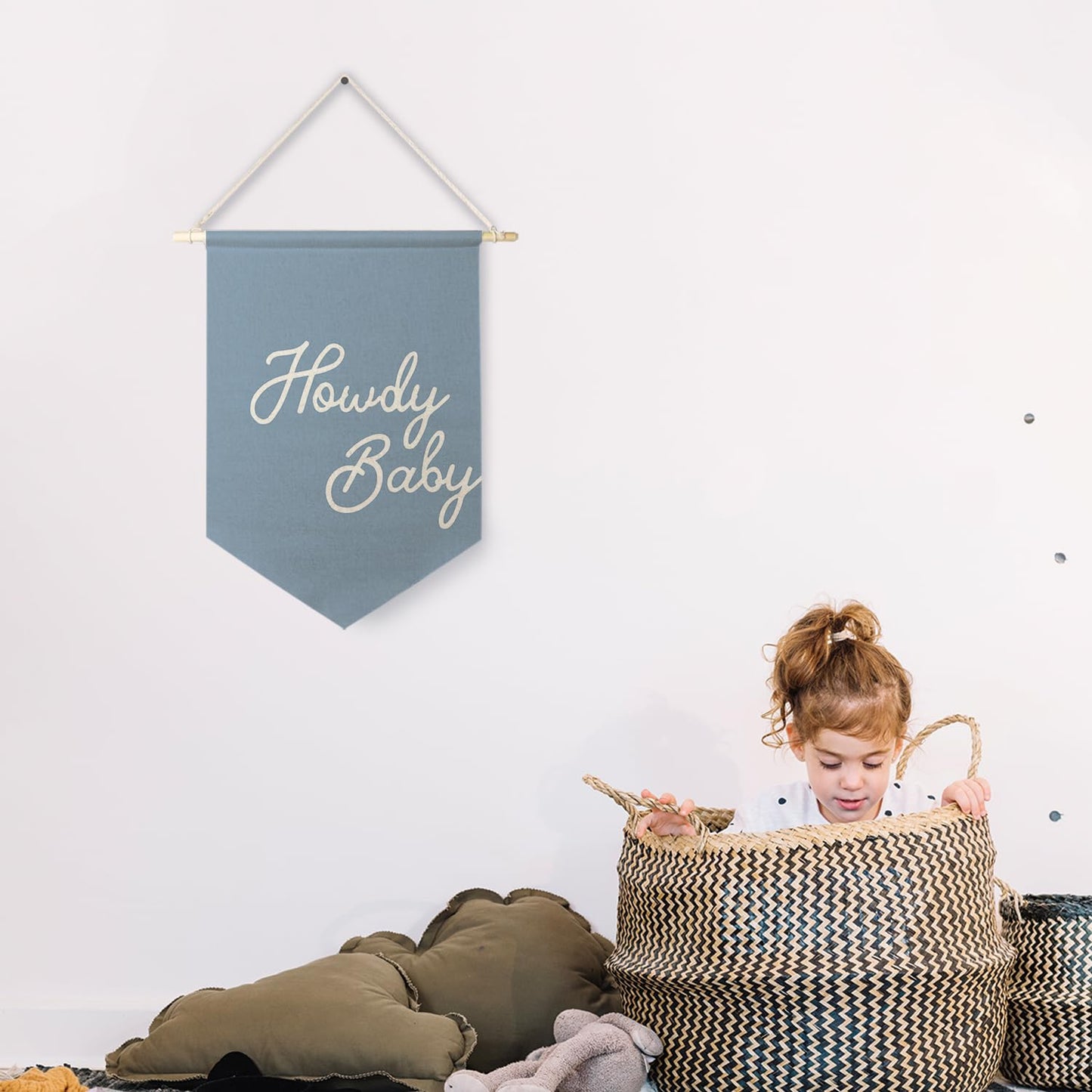 Qpenm Howdy Baby Blue Preppy Wall Hanging Canvas Banner, Western Nursery Decor, Trendy Aesthetic Blue Howdy Hanging Pennant Flag Posters Prints for Cowboy Cowgirl Room Decor