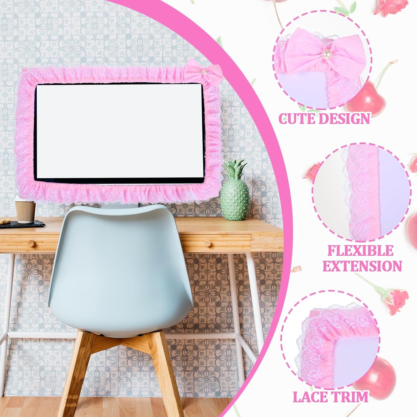 LLOUSSAK 23''-27'' Pink Monitor Cover, Cute Computer Monitor Covers with Bow-Knot, Lace Fabric, Monitor Dust Cover, TV