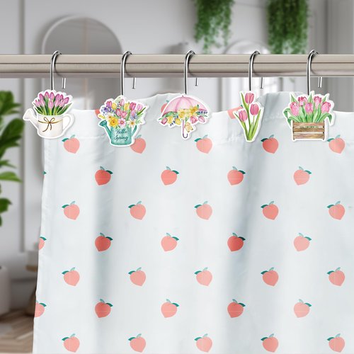 MALLMALL6 12Pcs Spring Tulip Flower Shower Curtain Hooks Floral Metal Rustproof Decorative Pendants for Bathroom Bedroom Room Home Decor Accessories with Watering Can Truck Stainless Curtain Rings