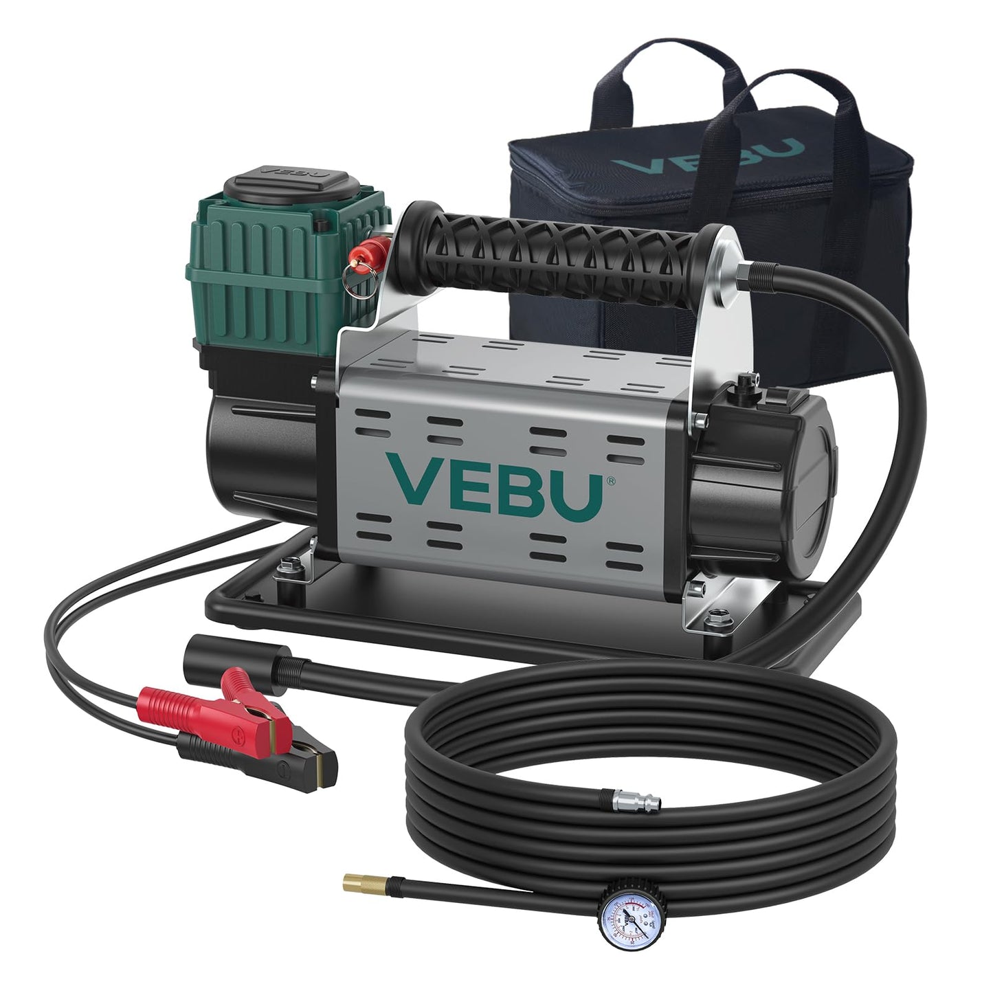 VEBU 12V Air Compressor, 125PSI Tire Inflator with In-line Pressure Gauge, 5.65CFM Fast Inflation for Off-road Vehicles, Trucks, SUVs, RVs, ATVs, DC Power, Corded Electric