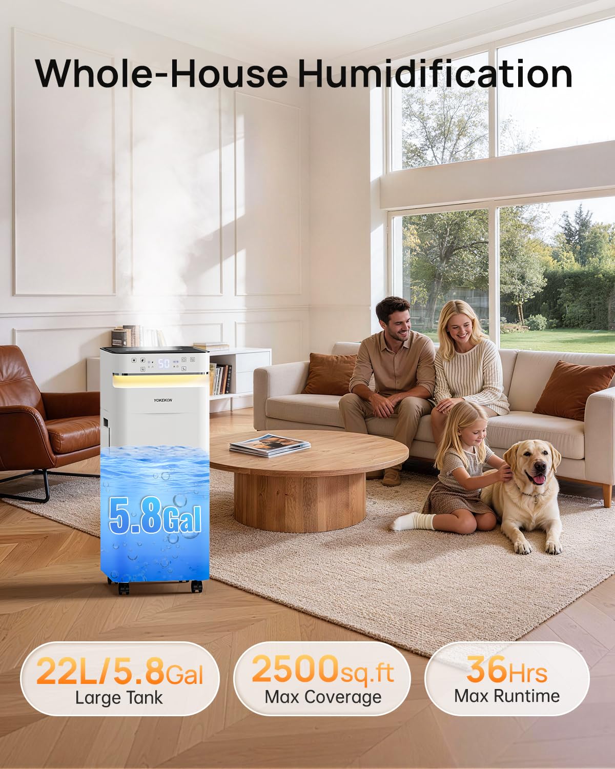 YOKEKON Humidifier Large Room 5.8Gal/22L, 2500 sq.ft. Cool Mist Humidifiers for Home Bedroom with Flame & Night Light, Top Fill Whole House Humidifier with Extension Tube, Plants, Kids, Adults, White