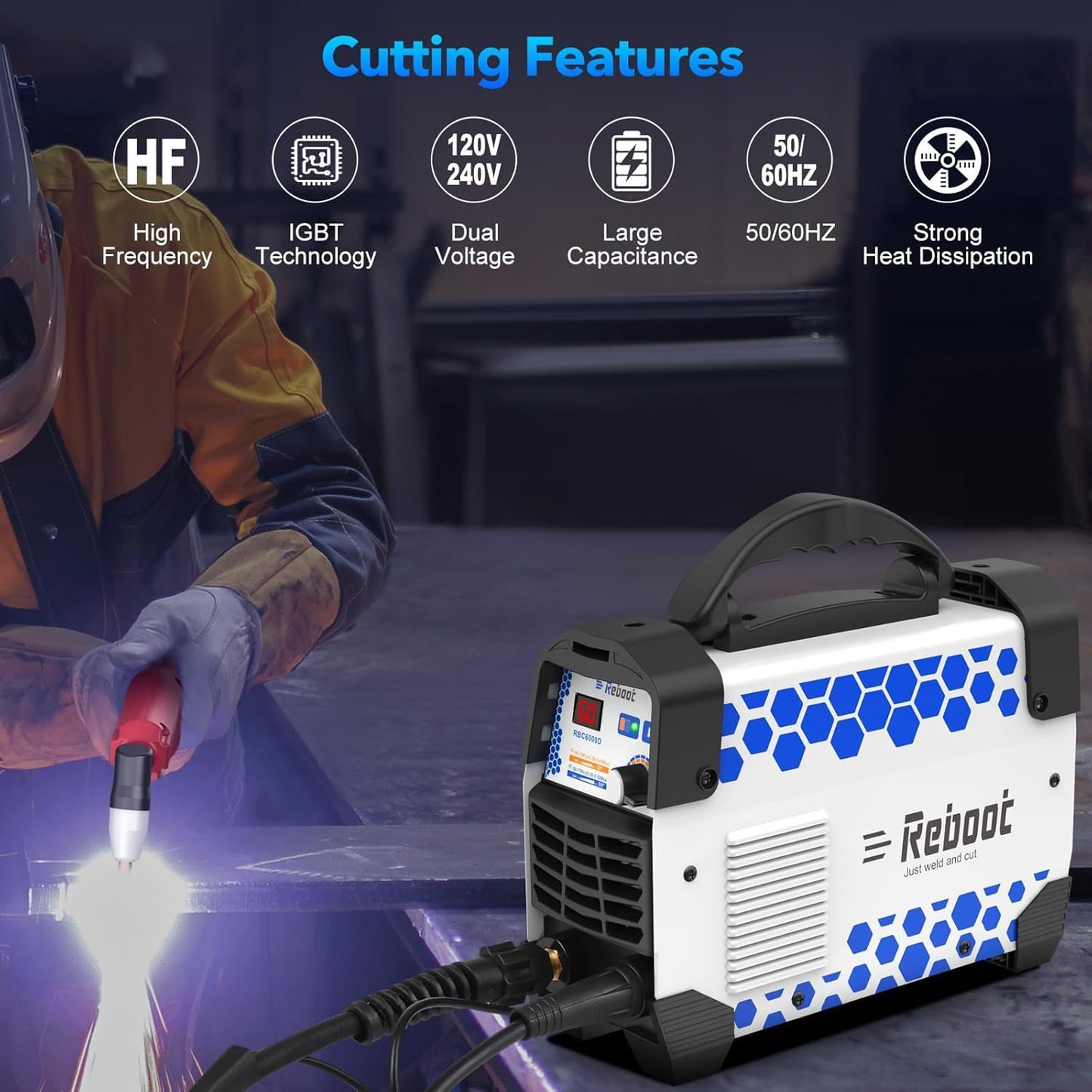 Reboot Plasma Cutter, 60 Amps Plasma Cutter Machine with 120V 240V Dual Voltage, Digital IGBT Inverter Power Plasma cutters 1/2 Inch Clean Cut New Upgrade RBC6000D