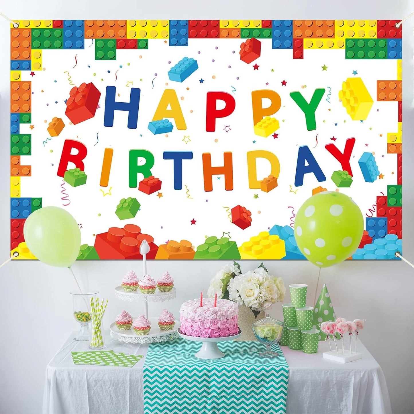 chiazllta 71 43 Building Blocks Happy Birthday Banner Colorful Blocks Birthday Party Decorations Backdrop Photography