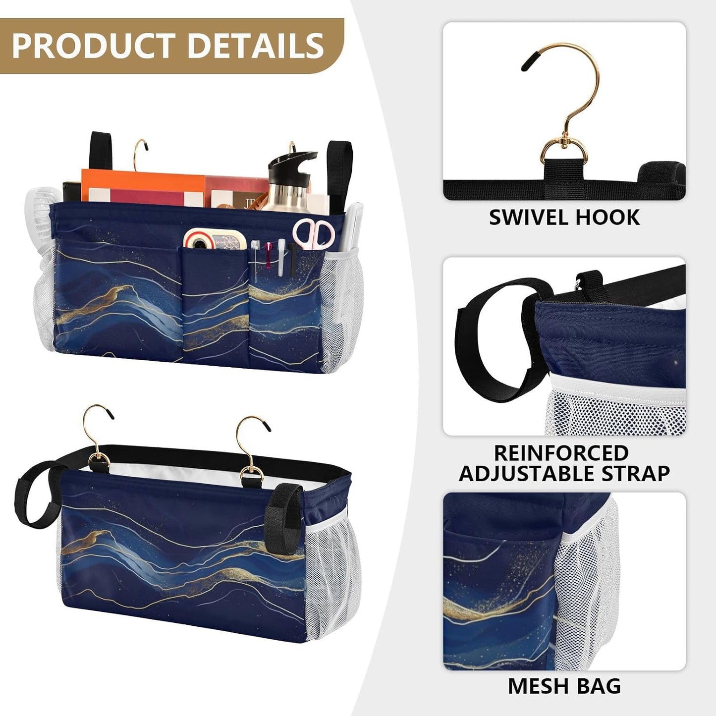 Amooorous Bedside Storage Caddy For Dorm Table Cabinet Storage Organizer for Bed Rails Deep Blue-gold Marble Texture