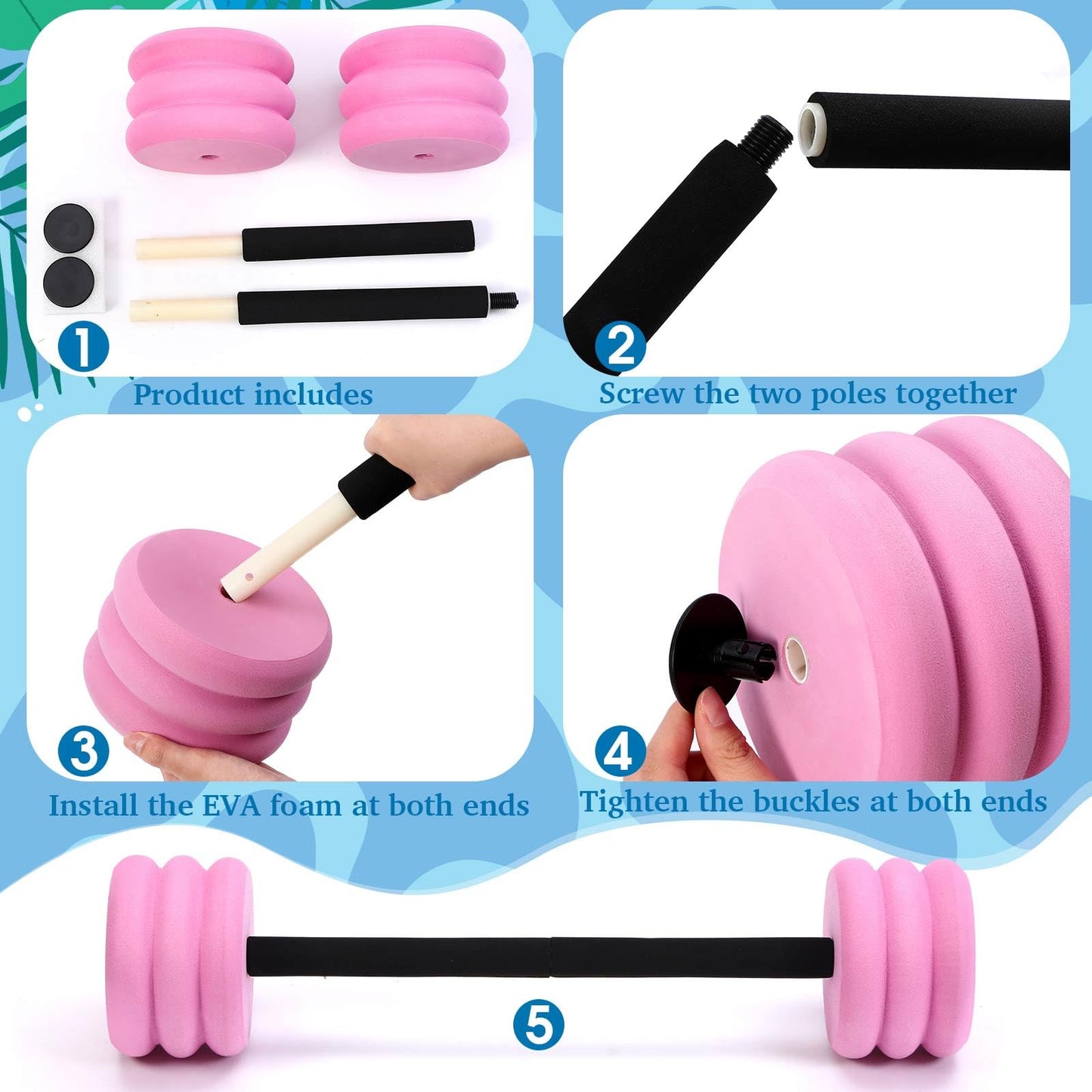 Soulchen Long Aquatic Exercise Dumbbells Foam Water Weights Dumbbell Aquatic Pool Barbells with High Density EVA Foam for Swim Water Aerobics Workouts Loss(Pink,25.2 Inch)