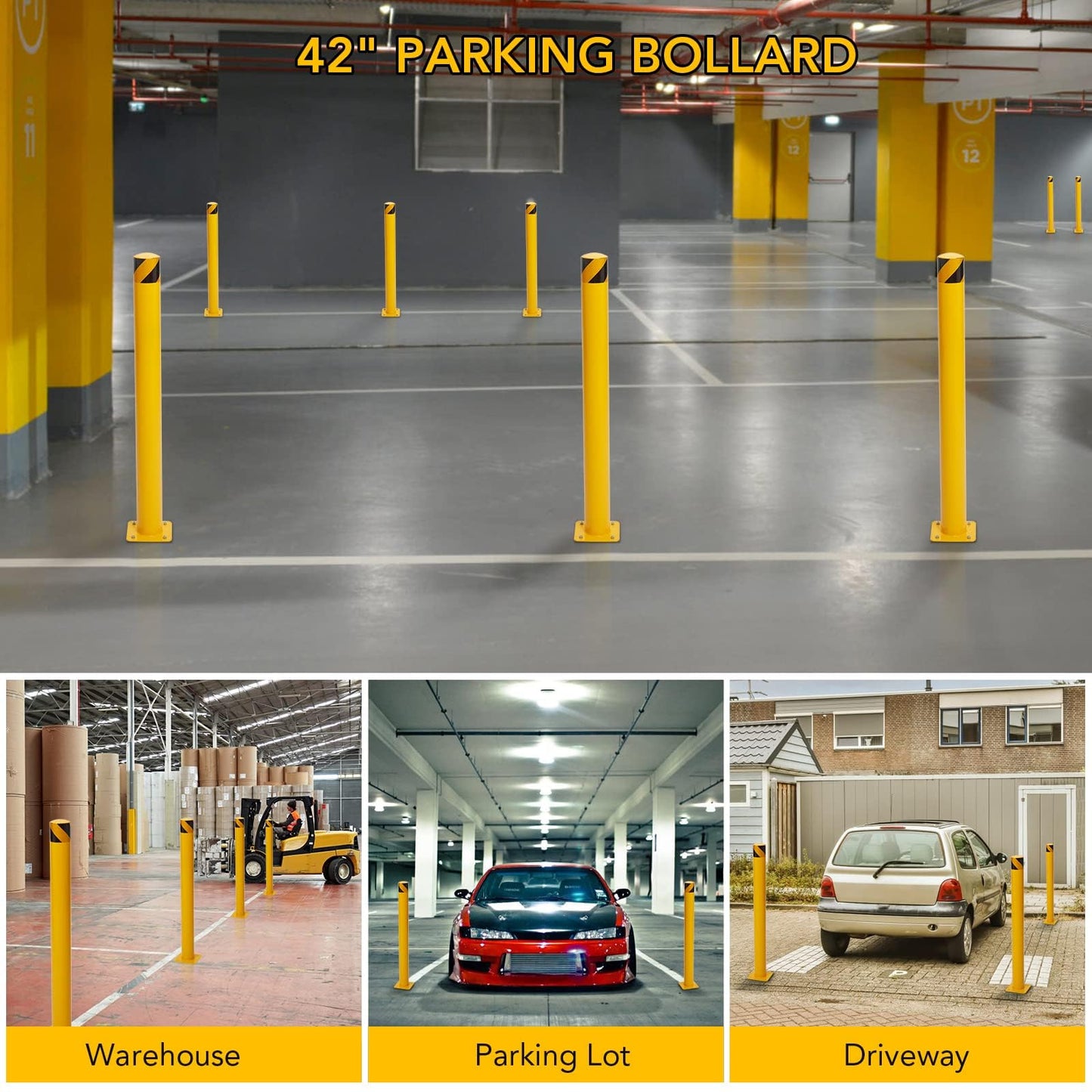 4 Packs 42 Inch Safety Bollard Post, 4.5 Inch Diameter Steel Pipe Bollard with 16 Anchor Bolts, Heavy Duty Yellow Steel Bollard for Parking Lot Security, Driveway Barrier, Warehouse Entrance