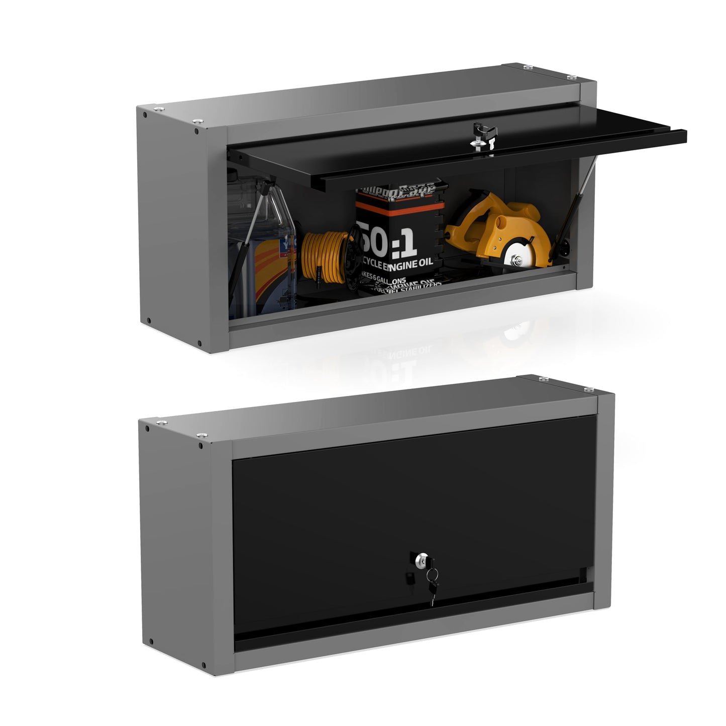 JZD Small Metal Wall Mounted Storage Garage Cabinet with Flip Up Door, Black & Grey
