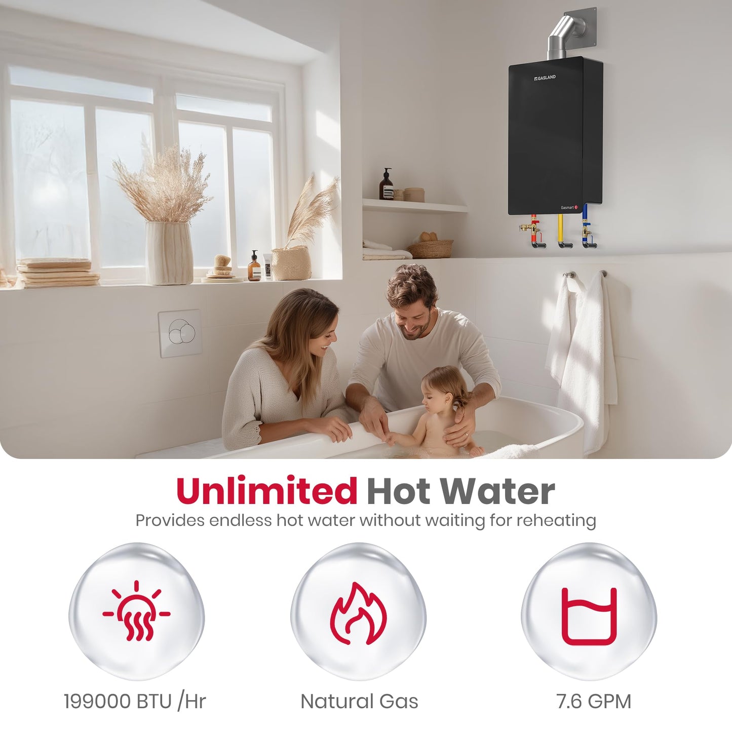 GASLAND Gasmart E 199,000 BTU Tankless Water Heater, Up to 7.6 GPM, CSA Certified Whole House Natural Gas Indoor Installation Residential On-demand Instant Hot Water Heater, CE686NG