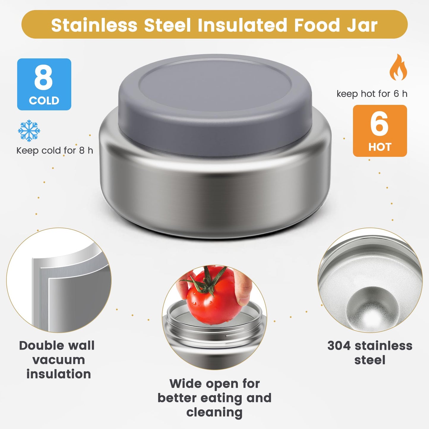 Stainless Steel Bento Box Kids Adult with 7oz Soup Thermo, Transparent Lid 3 Compartments Metal Bento Lunch Box with Insulated Food Jar,Lunch Box Container Sauce Cup for School,BPA-Free(Grey)