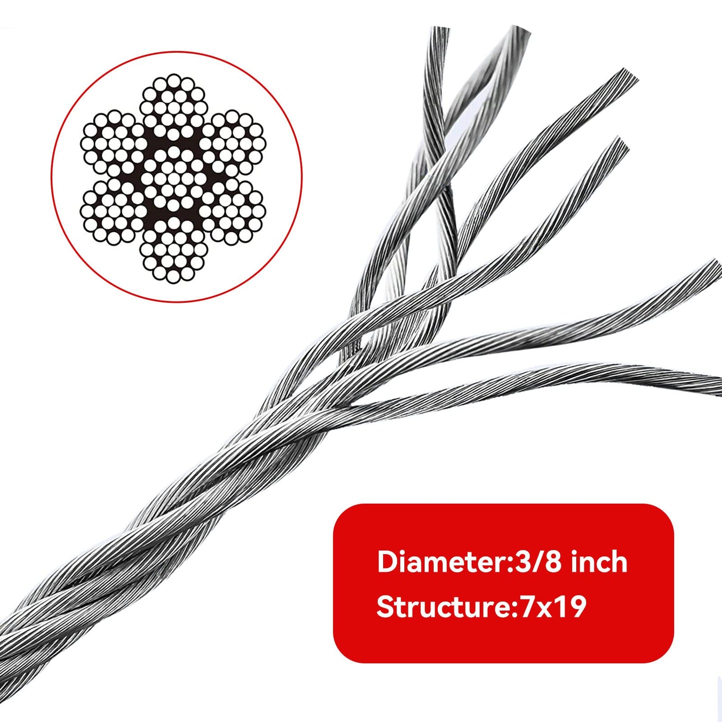 Winch Cable,Towing Cable Heavy Duty,with 2 Pick 3/8" U-clamp Slide Hooks,3/8 inch 7x19 Stranded Construction,13980 lbs Breaking Strength 100 Feet