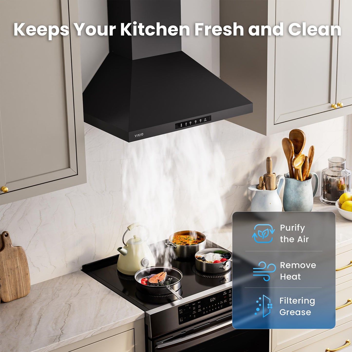 VIKIO HOME Wall Mount 30 Inch Range Hood 900 CFM, Ductless/Ducted Convertible, 3-speed Gesture Sensing & Touch Control, Black Painted Stainless Steel Kitchen Vent Hood with Permanent Baffle Filters