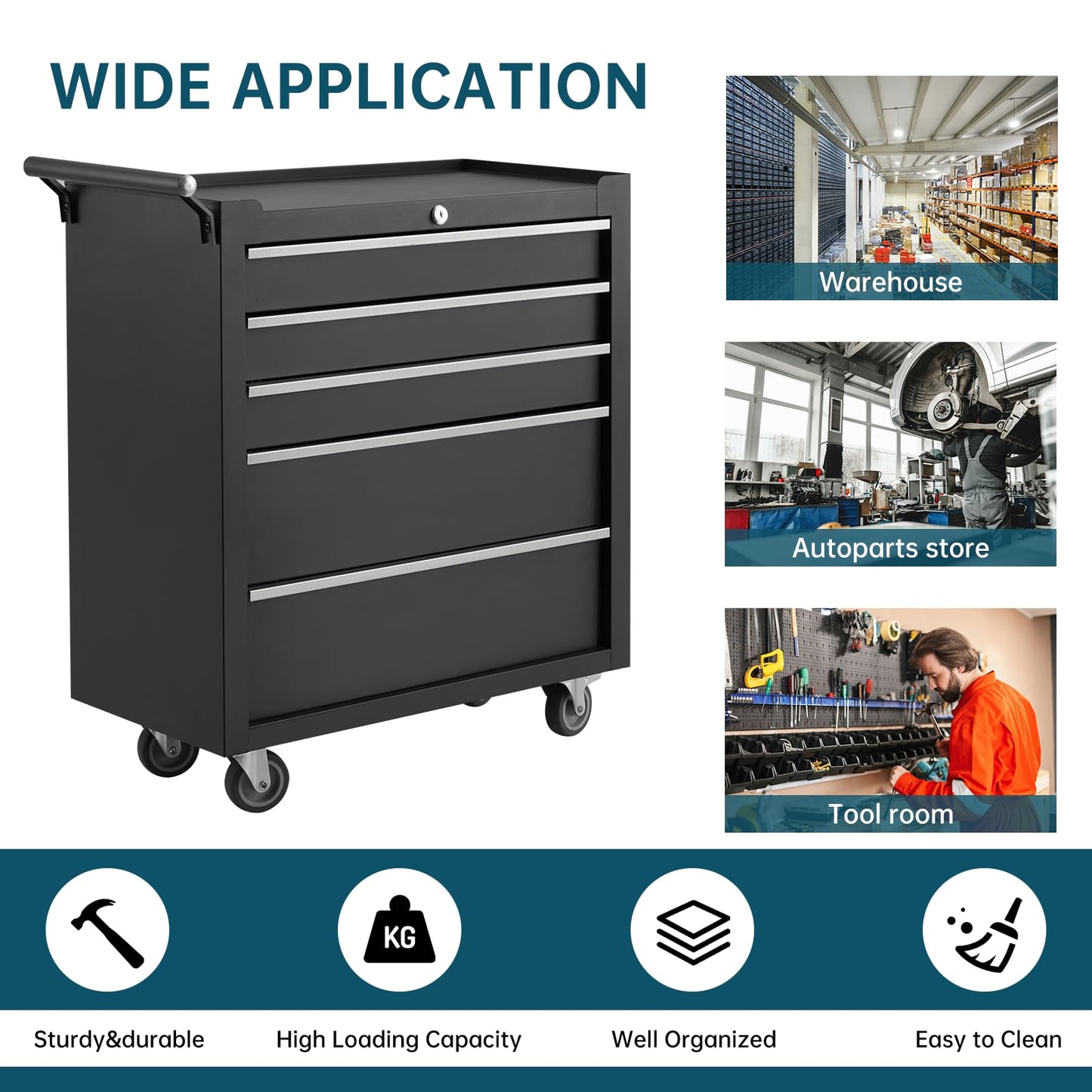 GarveeLife 5-Drawer Tool Box 24" Garage Tool Box with Key Lock and Removable Drawer Liners, Wheeled Design, Suitable for Garages, Warehouses, Workshops, and Repair Shops - Black