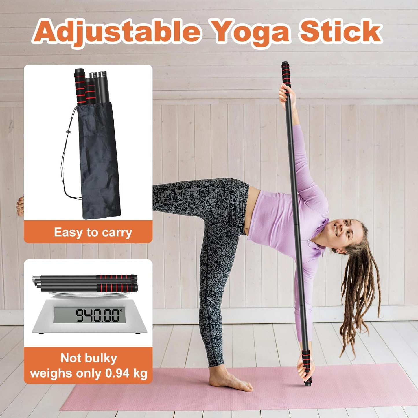 RACOC Yoga Stick Sturdy Steel, 5 Ft Adjustable Stretching Stick for Mobility, Flexibility and Balance, Versatile Exercise Stick with Non-Slip Ends and Foam Handles for Fitness, and Posture