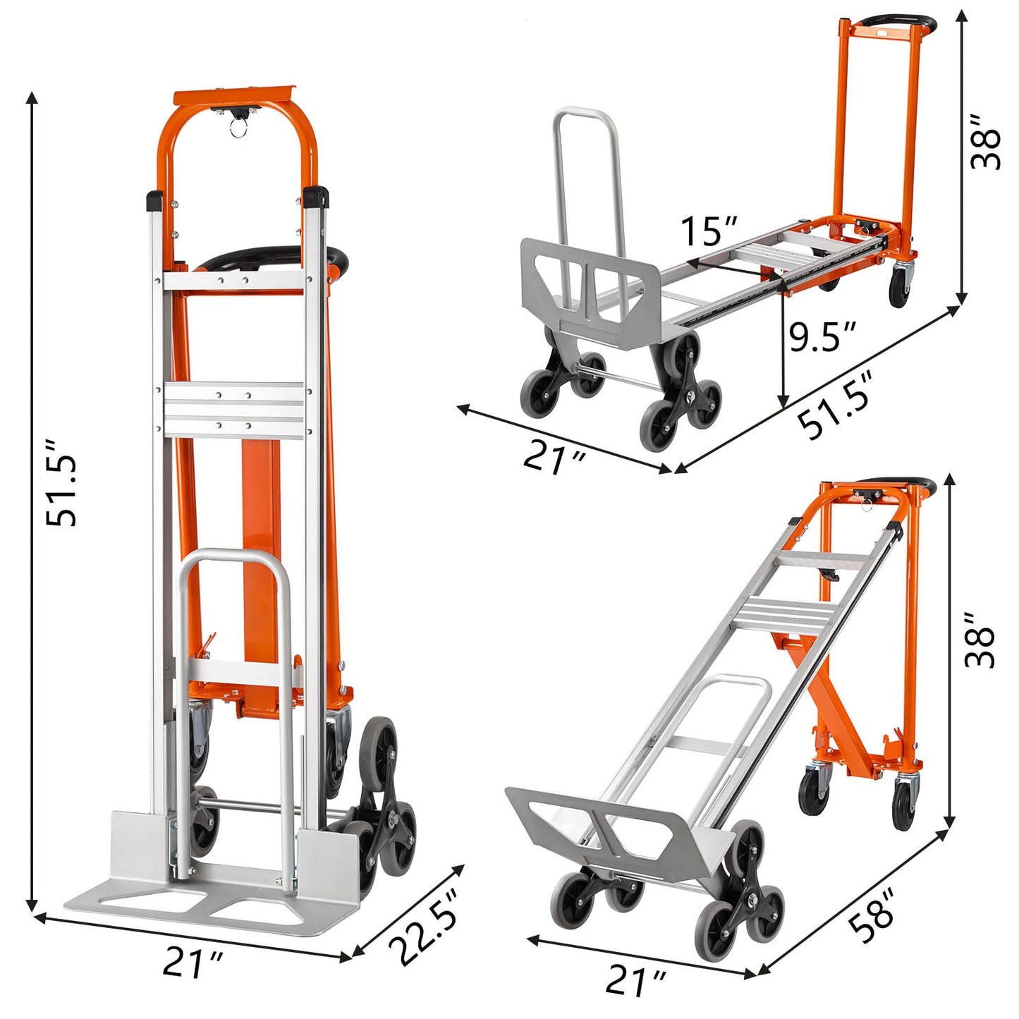 Hitgrand 3in1 Aluminum Hand Truck 880 lb Capacity, Stair Climbing Cart Utility Cart Converts from Hand Truck Dolly to Platform Cart 3 Positions for Transport & Moving with 10" Rubber Wheels
