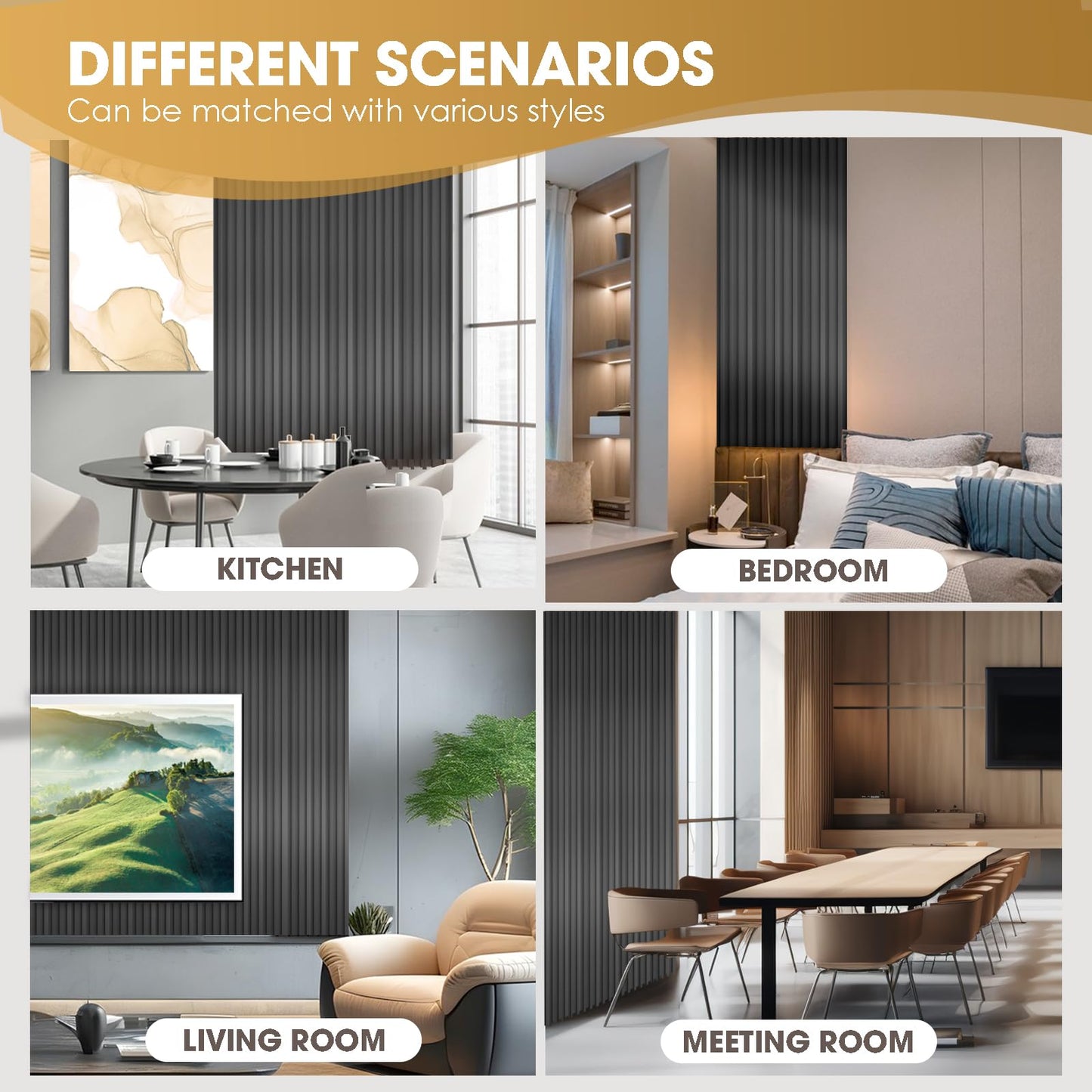 OUZUGIE WPC Acoustic Slat Wall Paneling, 8-Pack 96 x 6 Inches 3D Wall Panels for Interior Wall Decor,Living Room,TV Background,Study Room,Non-Metal Laths,High Grille (Metallic Dark Gray)