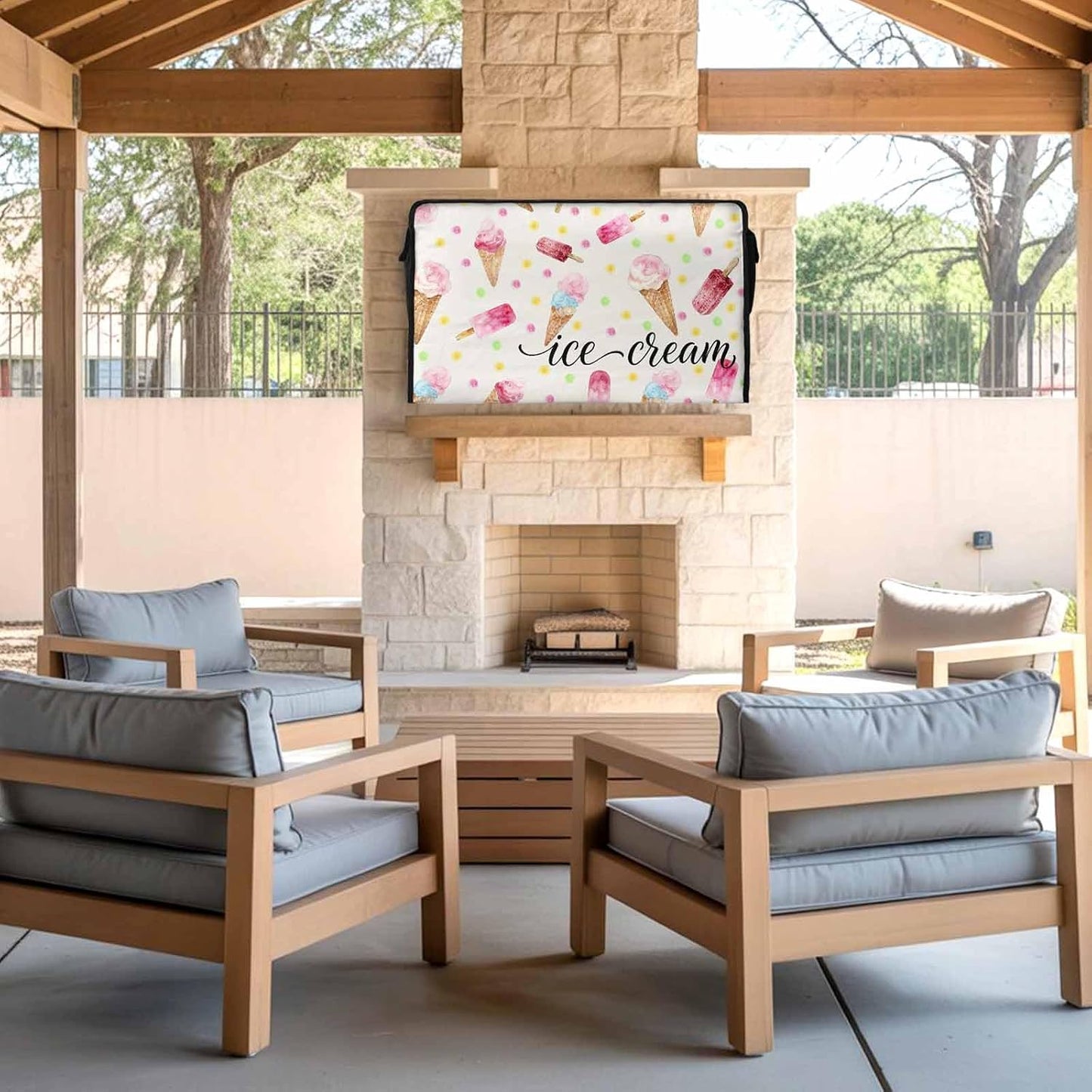 LBCASA 30 32 Inch Summer 600D 30"W 19"H 4.5"D Ice Cream Outdoor TV Cover to Weatherproof, Pink Popsicle Colorful Polka
