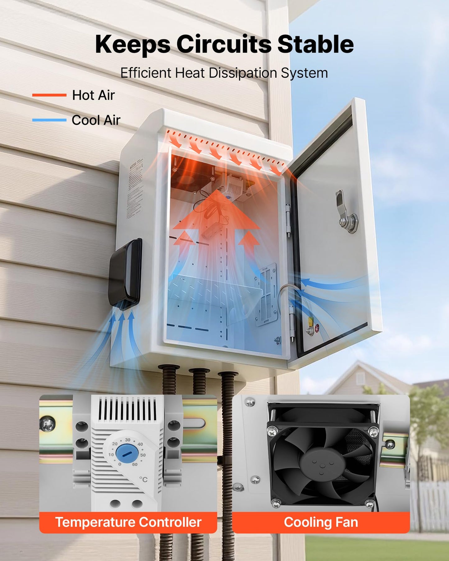 VEVOR Outdoor Electrical Box, Cold-Rolled Steel, Electrical Junction Box with Thermostat and Fan, Rain Hood, Ventilated Design, IP65 Waterproof Hinged Enclosure, Wall/Pole Mounted, 16 x 12 x 8 in