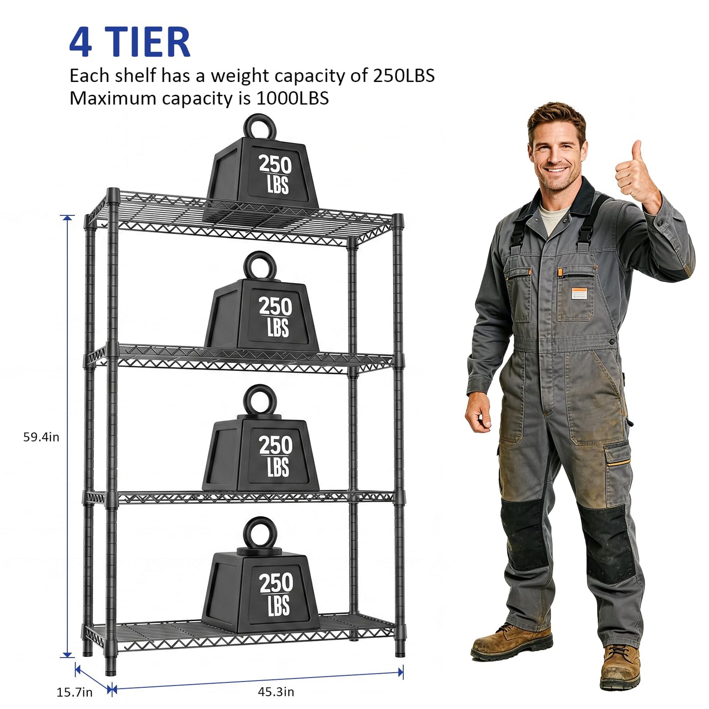 IZEUK 4-Tier Adjustable Wire Shelving Unit, Metal Storage Rack for Kitchen, Bathroom, Pantry, Office & Garage Organization, 1000 lbs Capacity, Black, 15.8" D x 45.8" W x 59.4" H