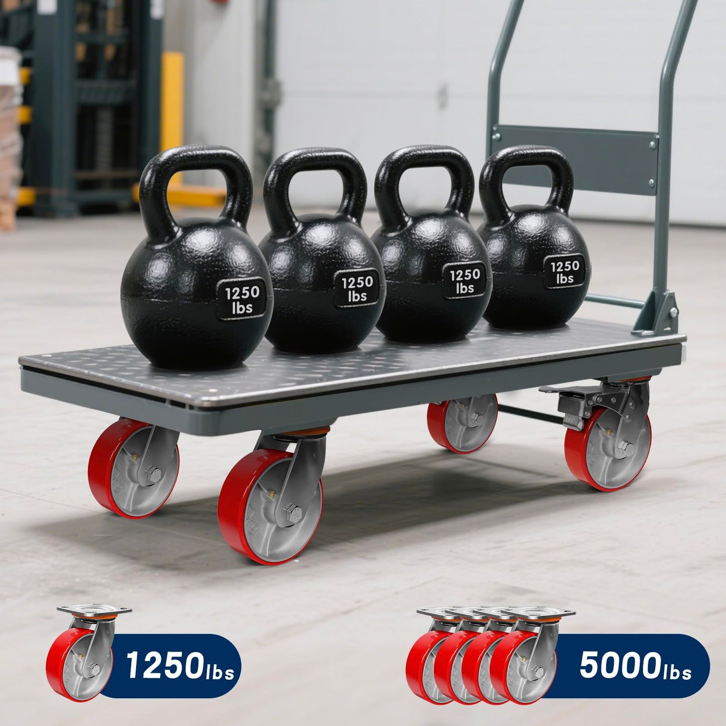 5000 lb Capacity Industrial Caster Wheels with Polyurethane & Cast Iron, Swivel Plate Casters for Platform Trucks, U-Boat Carts, Military Equipment (2 Brake &2 Swivel)