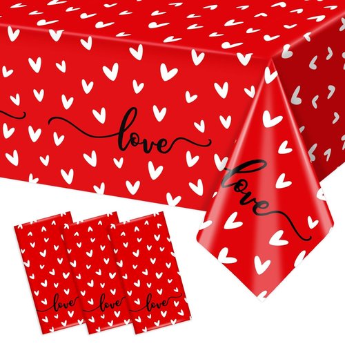 3Pcs Valentine's Day Plastic Tablecloth Love Heart Romantic Rectangular Table Cloths Red White Tablecovers for Valentines Wedding Engagement Anniversary Galentines Mother's Day Party Decorstions