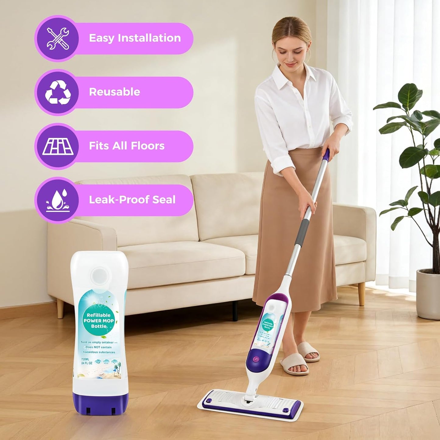 Skiennix Refillable Solution Bottle - 720ML Leak-Proof Cleaner Container | Universal Fit for Swiffer Power Mop