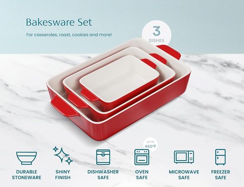 Kook Ceramic Bakeware Set - Versatile Rectangular Dishes for Casseroles & Lasagna | 3-Piece Set in Cherry