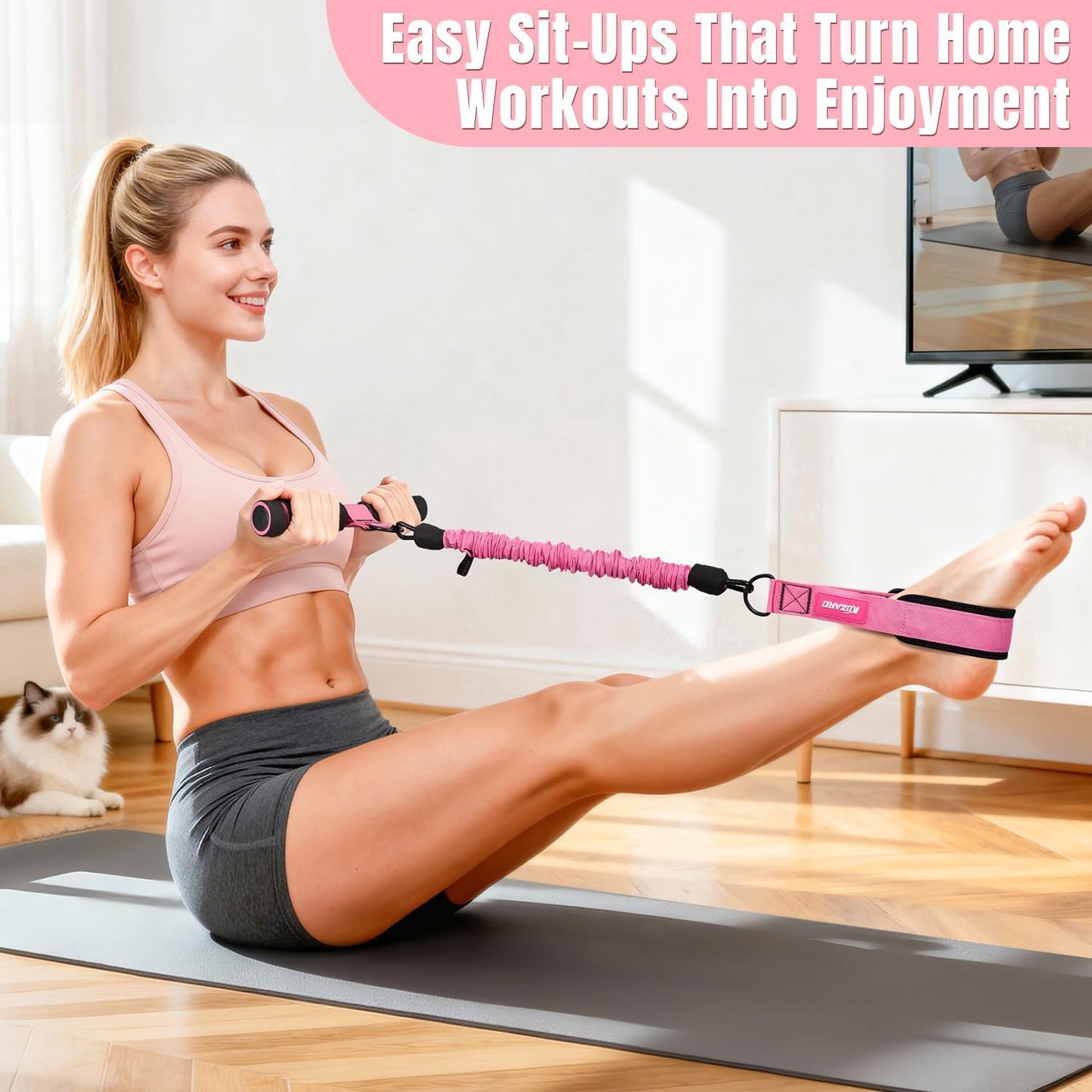 KUZARO Upgraded Multifunction Pedal Resistance Band with Handle, 3 Tube Adjustable Resistance Bands for Abdomen, Waist, Arm, Core/ABS, Leg Workout - Sit Up Exercise Equipment for Women